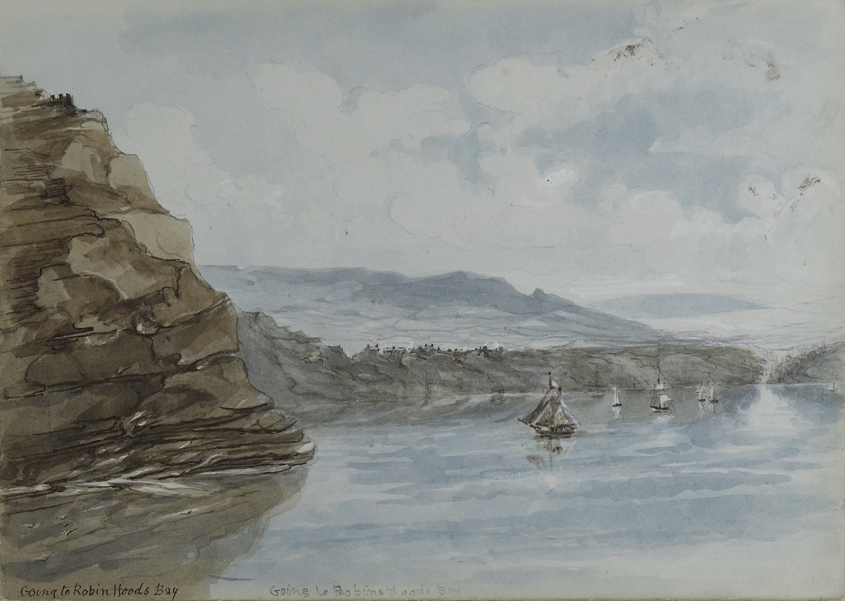 Watercolour ‘Going to Robin Hood’s Bay’, in artist Henrietta Matilda Crompton’s sketchbook, 1840. From the Azerley Chase family records.