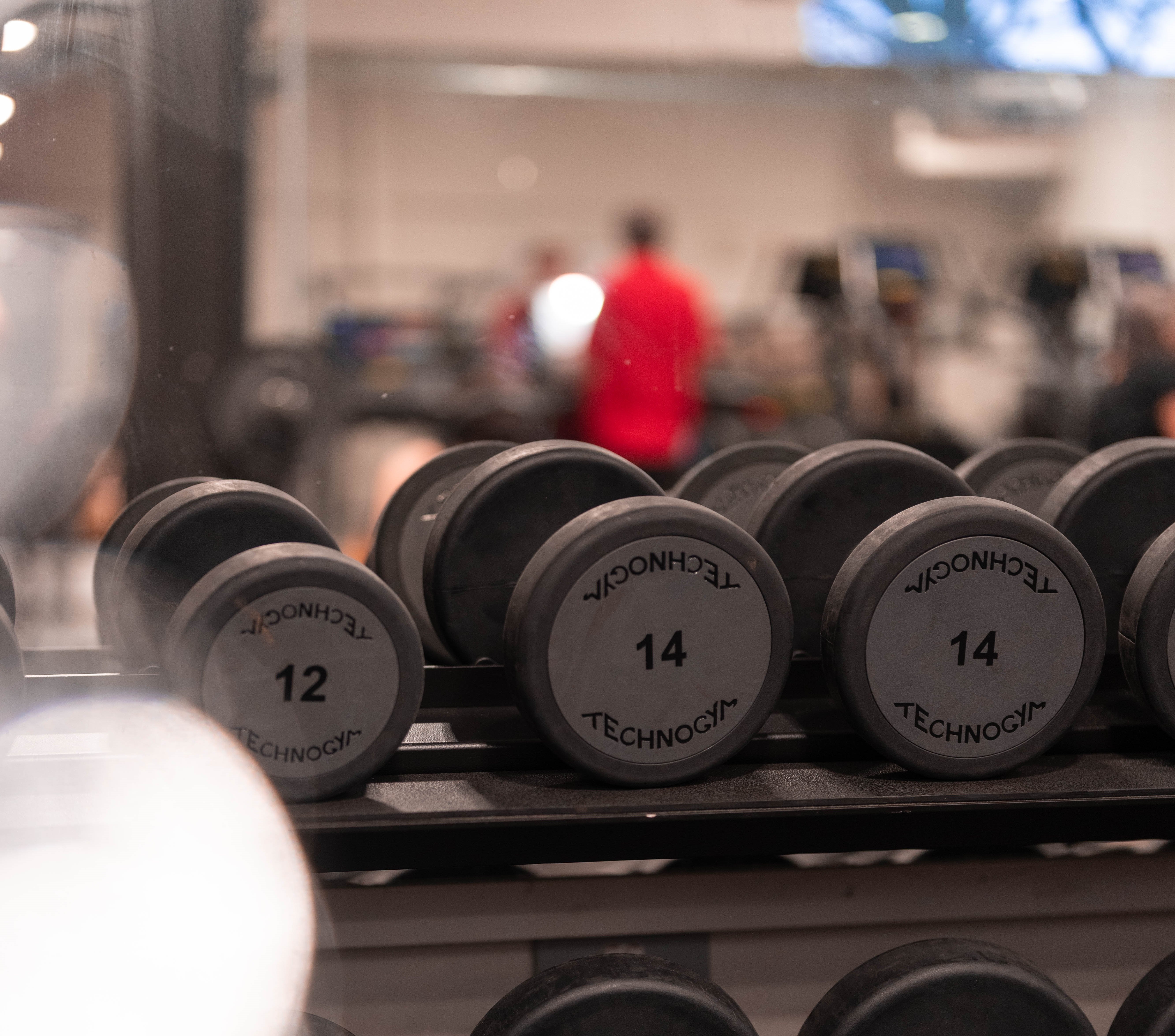 Various different weights of dumbbells, in the background some people can be seen exercising.