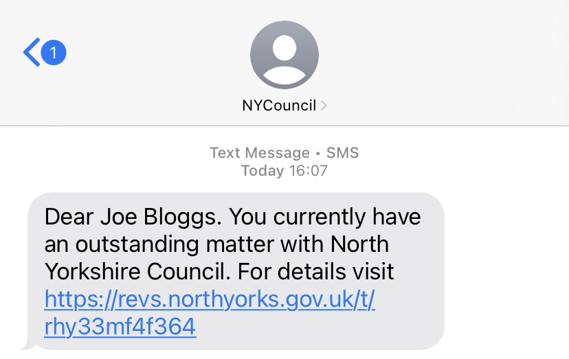 North Yorkshire SMS message example