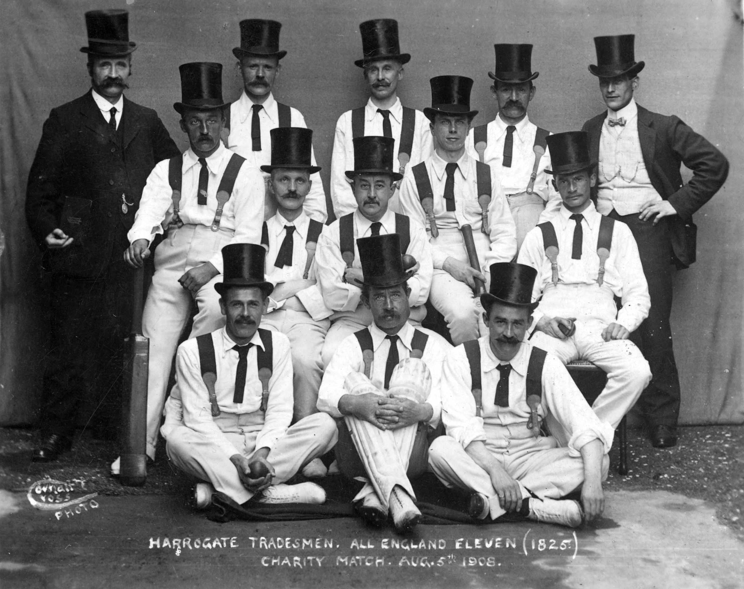 Black and white photo  of Harrogate Tradesmen and All England Eleven charity cricket match that was played on 5 August 1908