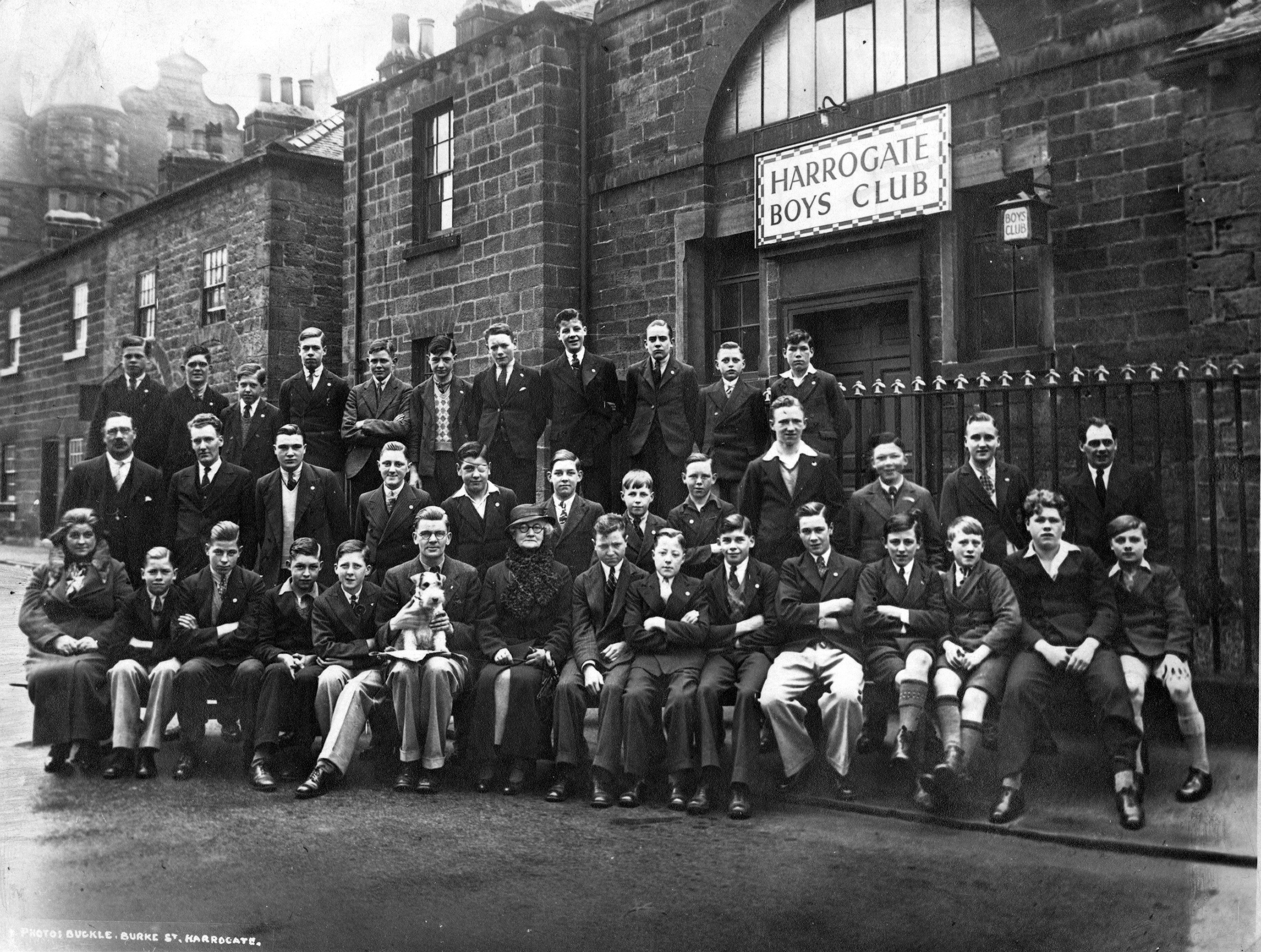 Members and staff of Harrogate Boys’ Club outside their headquarters on Skipton Road, 1934.