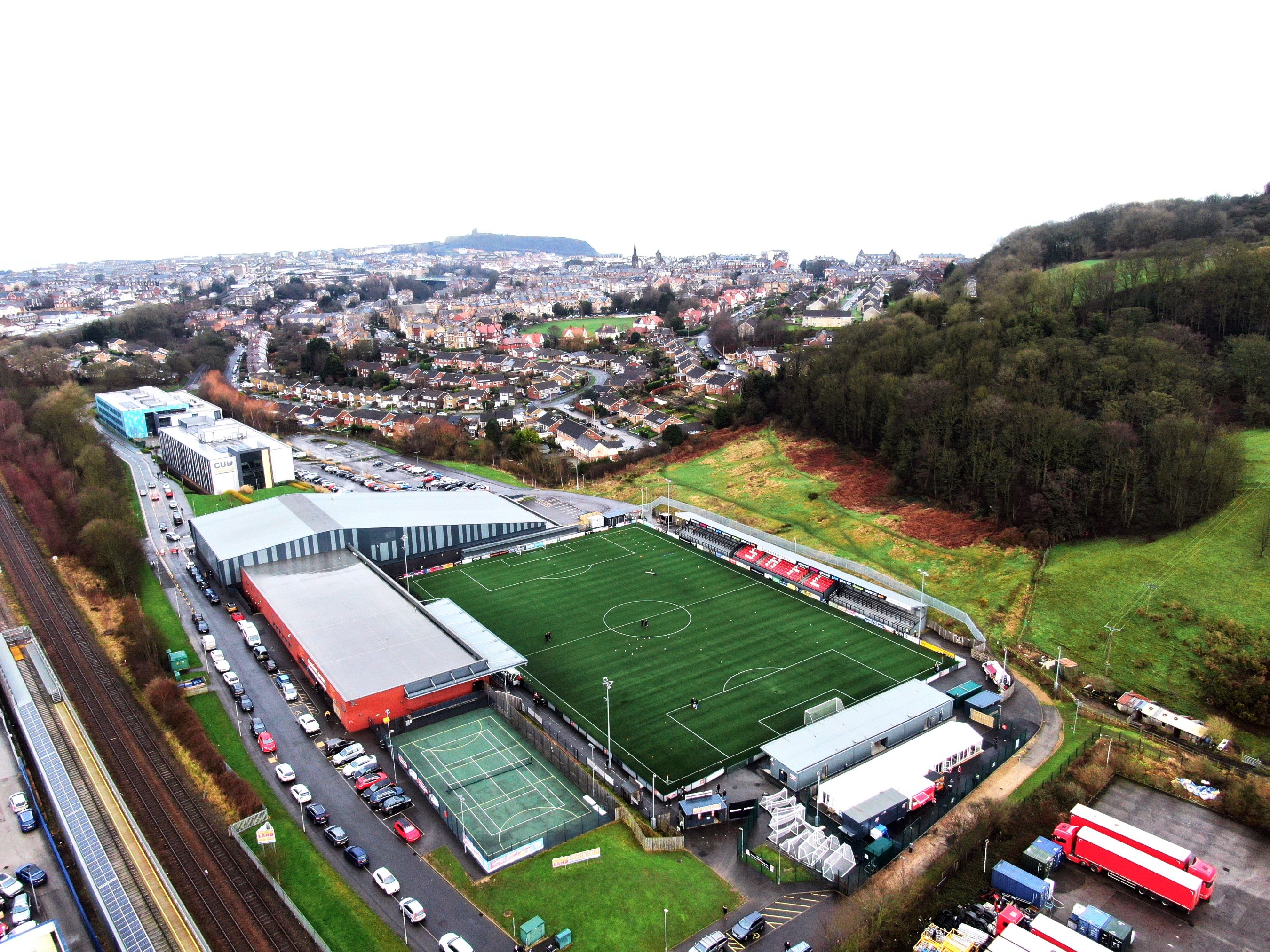 An aerial view of Scarborough Sports Village including the football pitch.