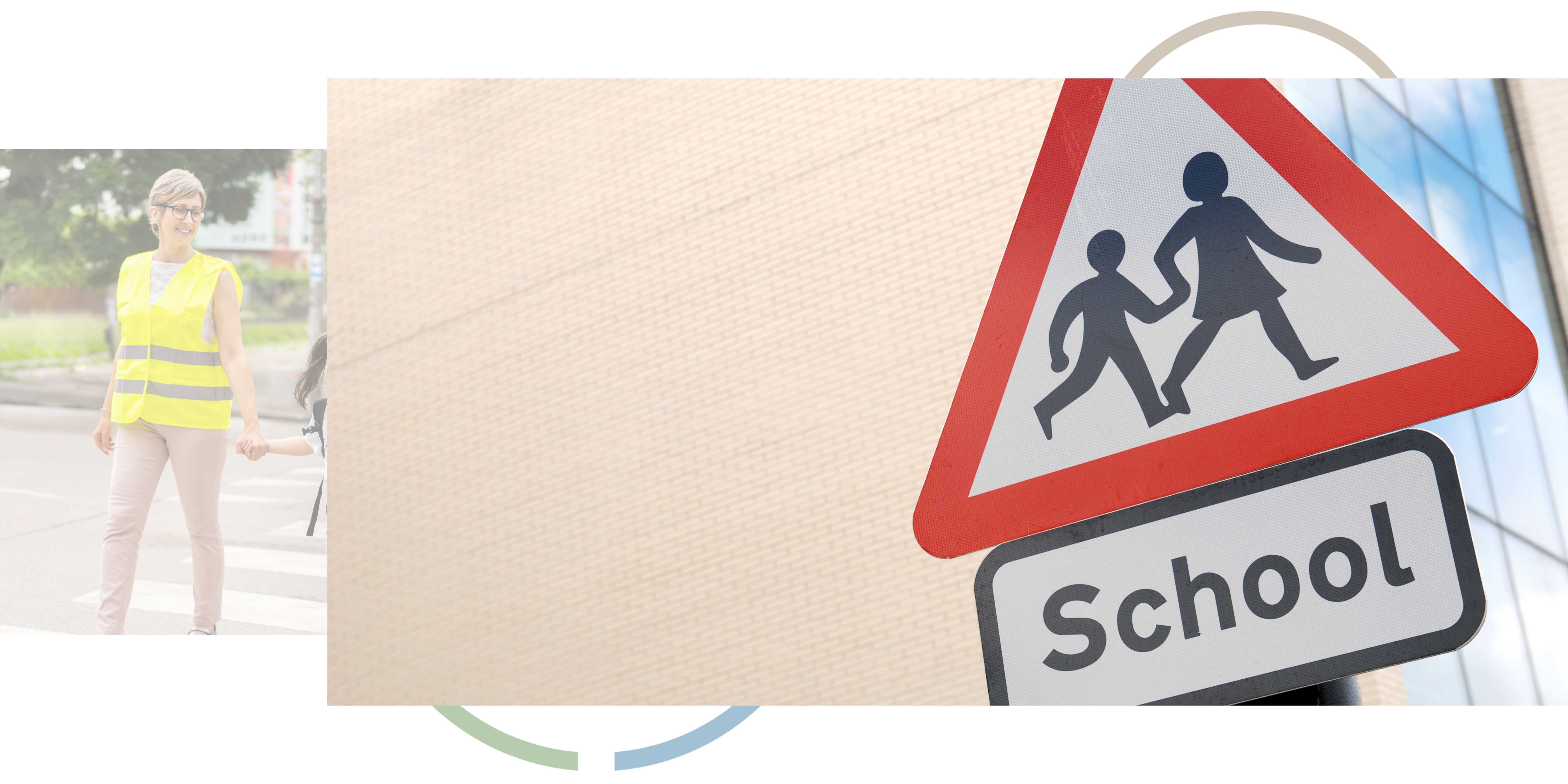 Page divider with school sign and person in high visibility jacket