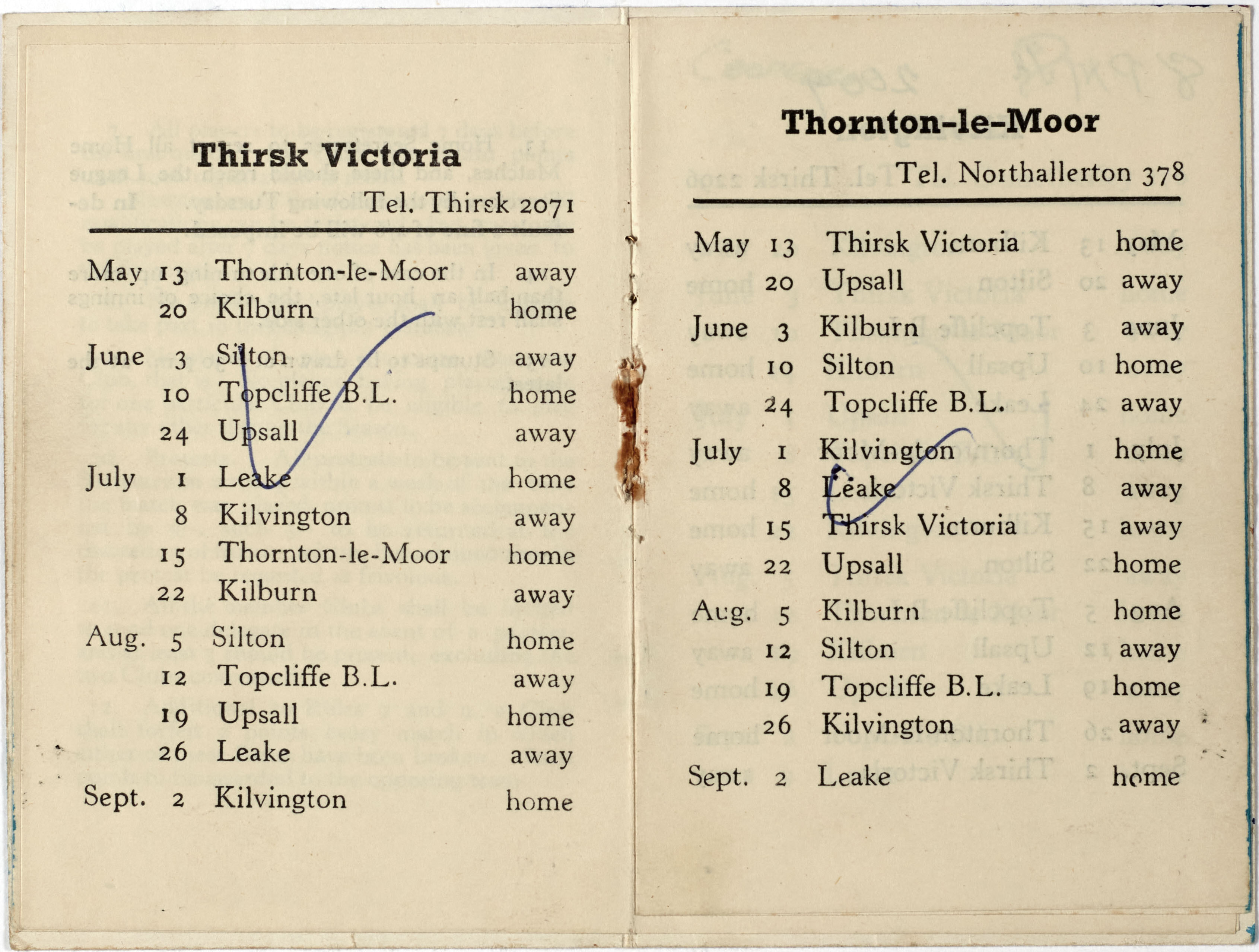 A fixtures list for Thirsk and Thornton-le-Moor in 1961. From Felixkirk & District Cricket League records