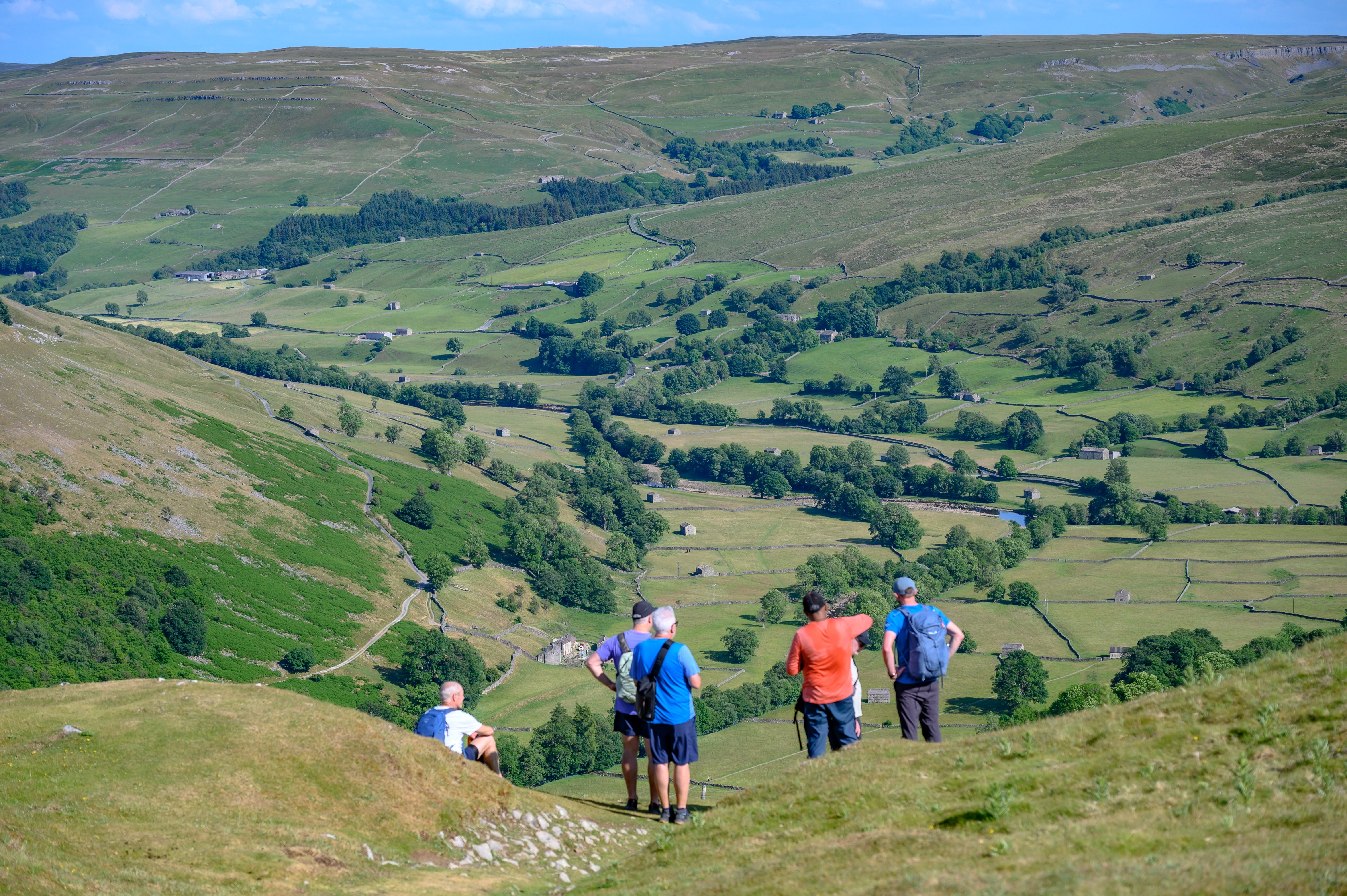 Group of people walking in the Yorkshire Dales on a sunny day