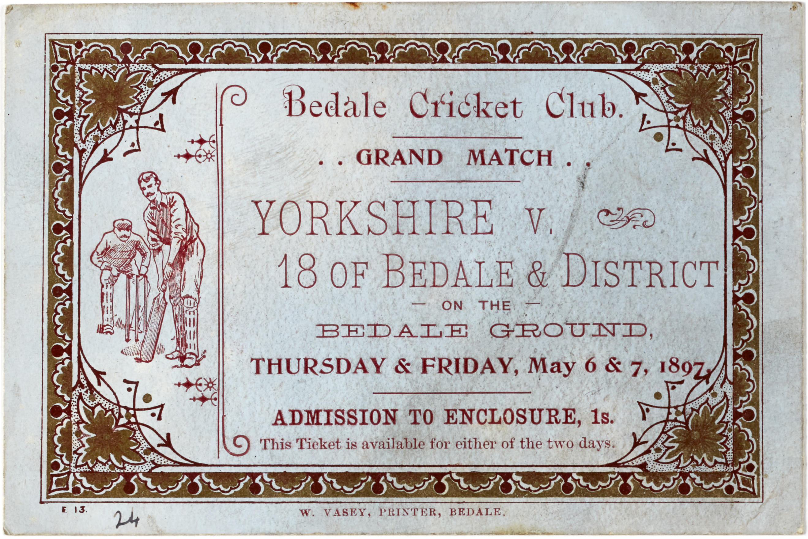 Bedale Cricket Club grand match admission ticket from May 1897. From the Draycott Hall collection