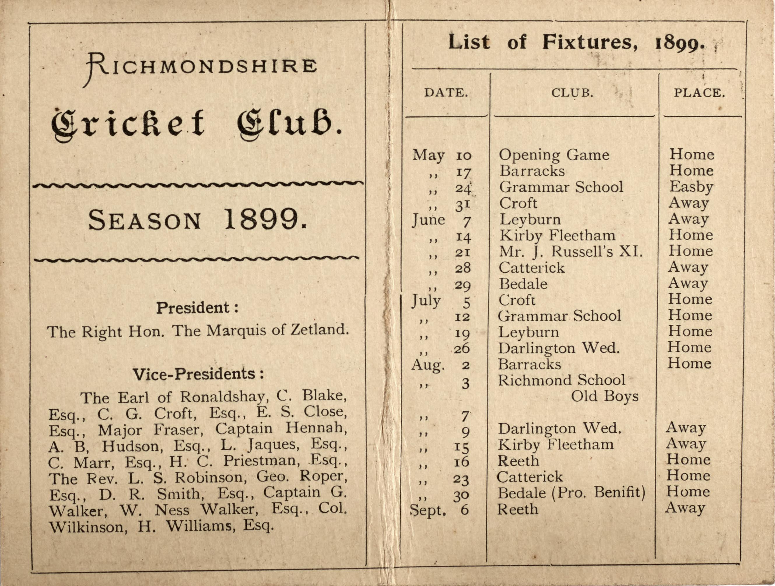 Richmondshire Cricket Club fixtures list from 1899. From the Draycott Hall collection.