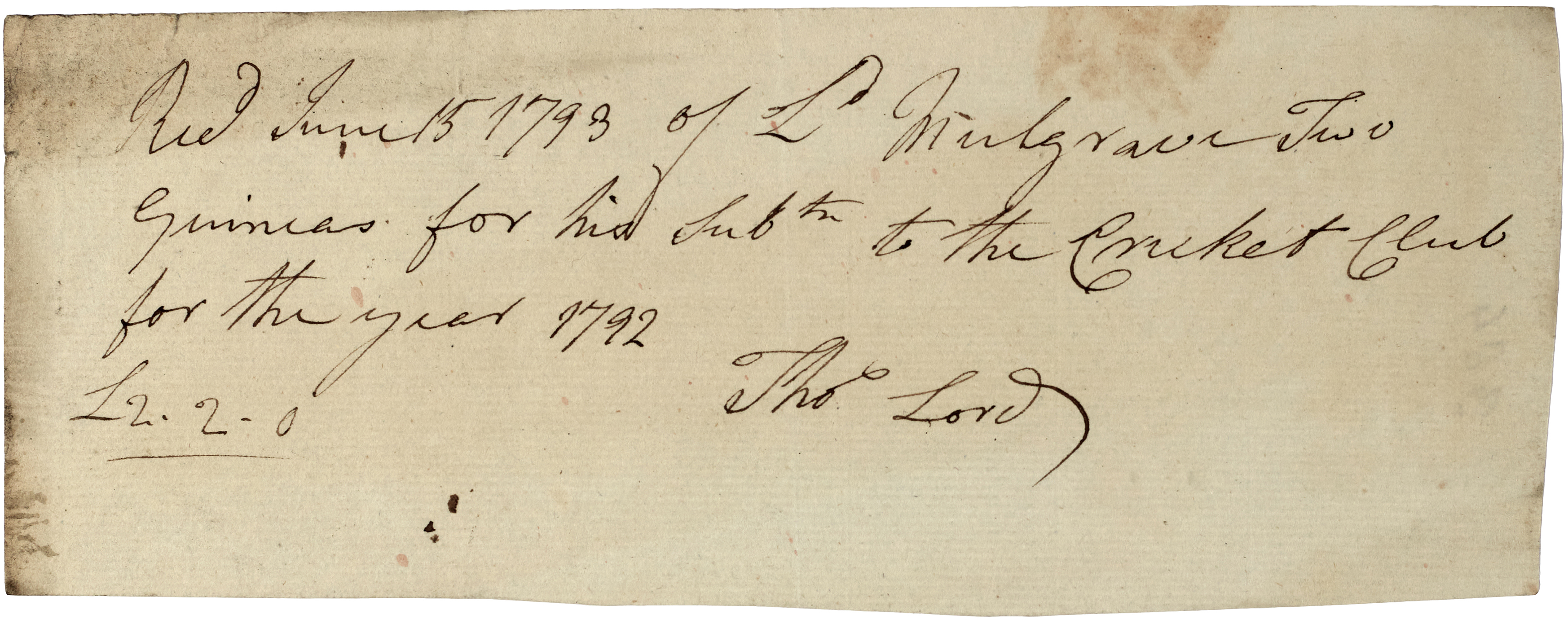 Receipt issued to Lord Mulgrave for £2 2 shillings (2 Guineas) for membership of Marylebone Cricket Club in 1792, and signed by Thomas Lord. Born in Thirsk in 1755, Thomas Lord later founded Lord’s Cricket Ground in London. From a collection of Mulgrave Estate records.