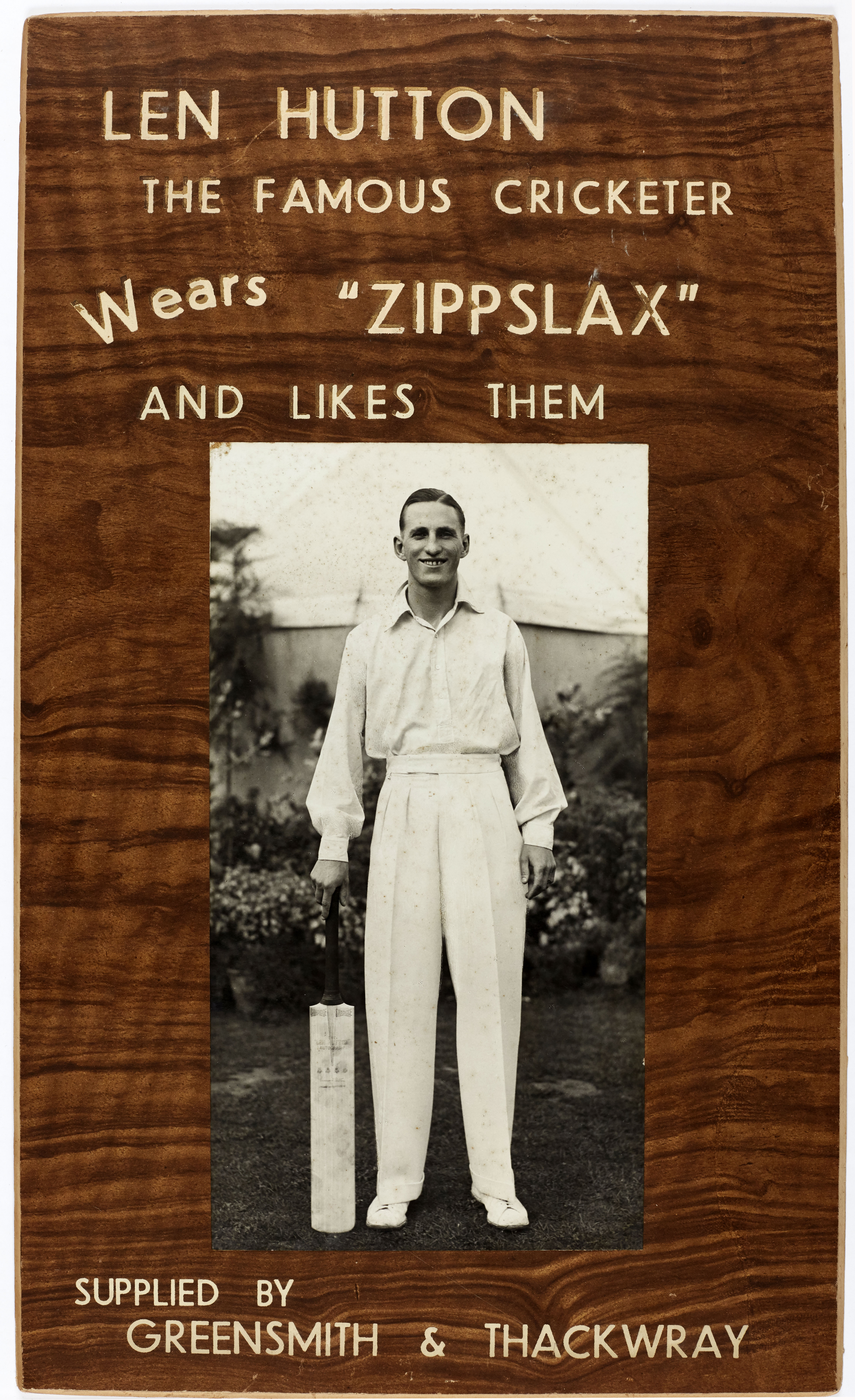Former England captain Len Hutton advertises Zipplax trousers. From the archive of Greensmith & Thackwray, outfitters of Scarborough dating from the 20th century.