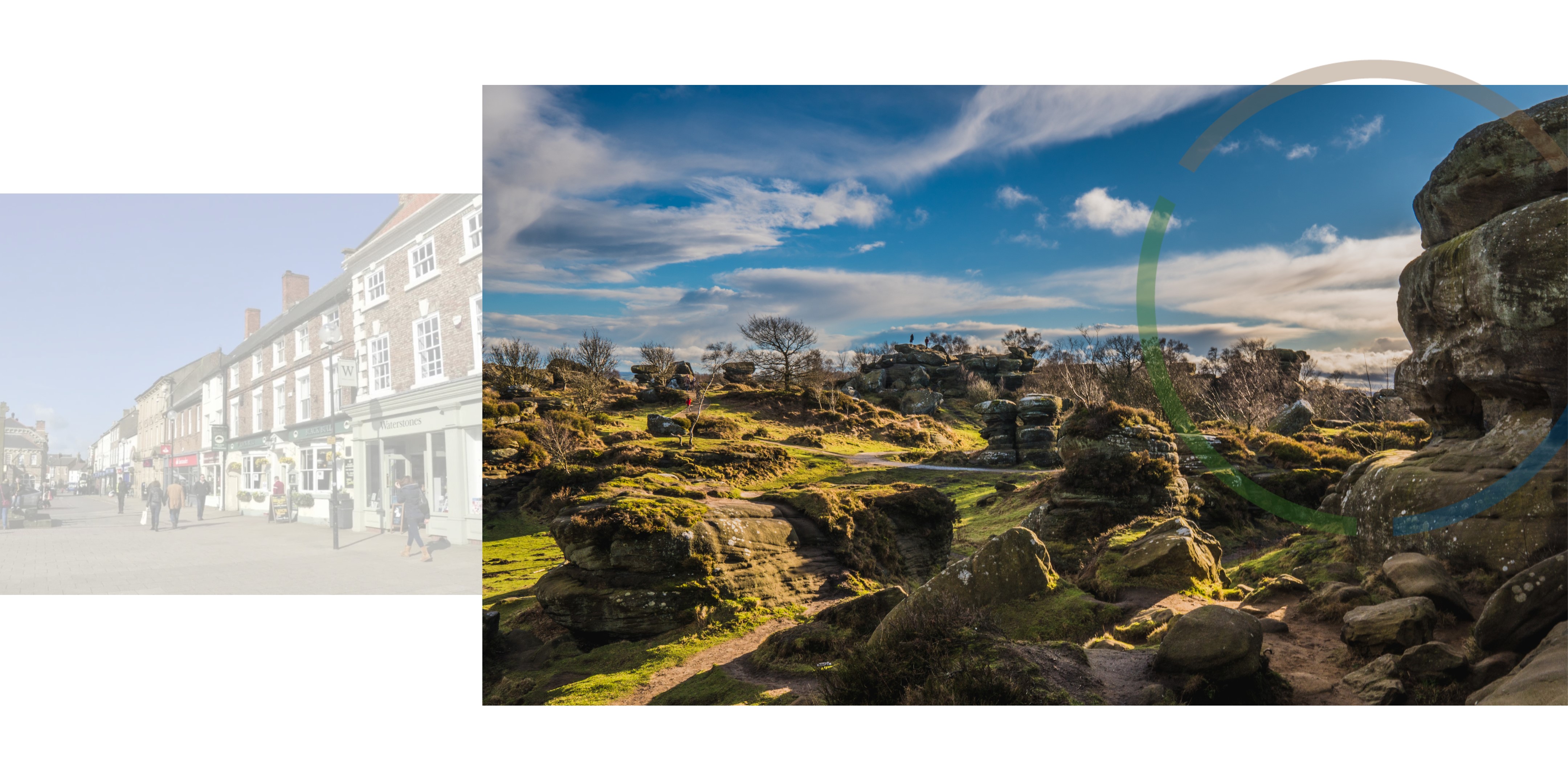 A montage of two images of North Yorkshire, on the left a greyed out image of shops in Northallerton High Street, on the right a view of natural rock formations on the moors.