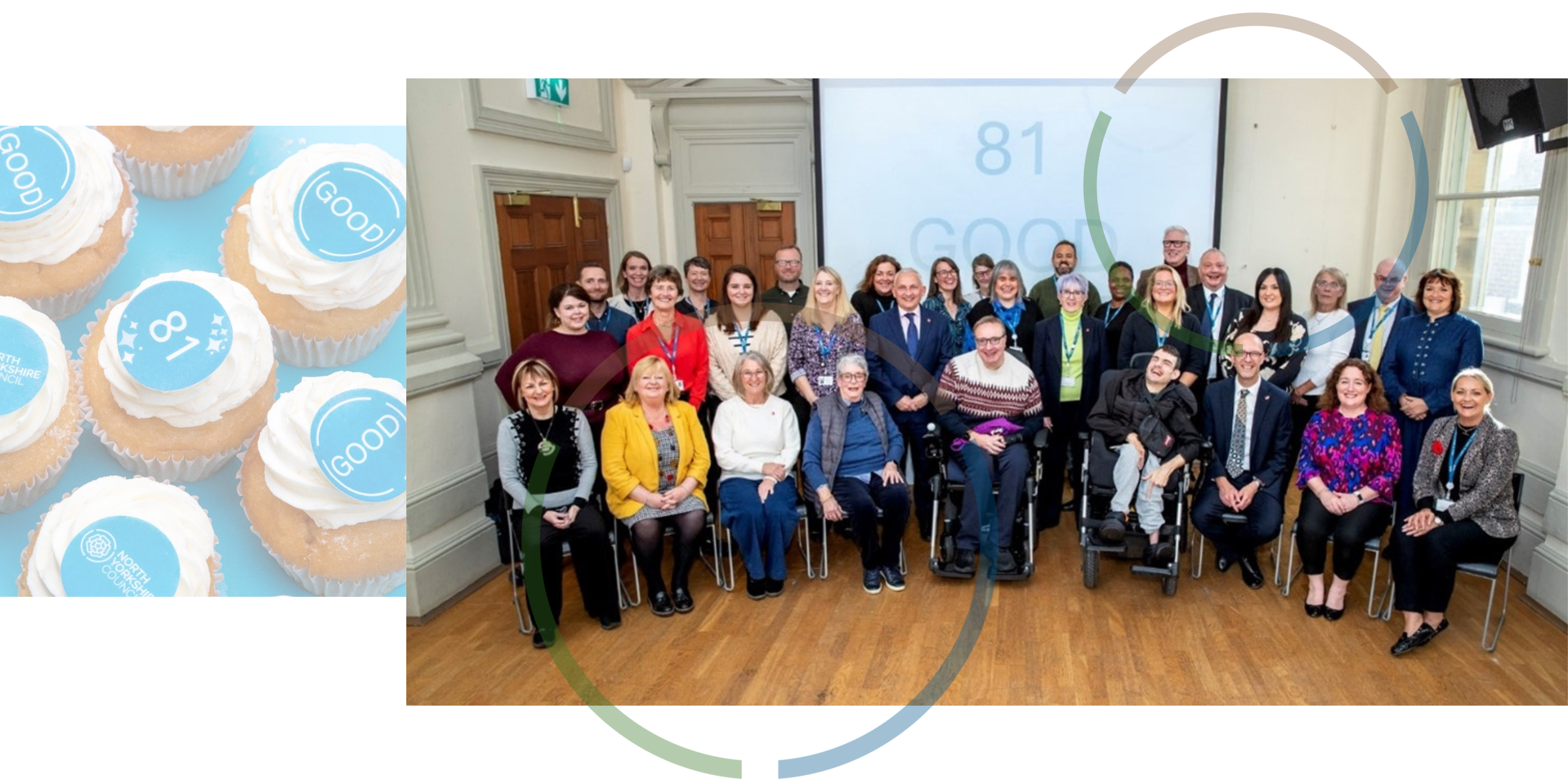 Group of people sitting and standing in front of a screen showing 81 GOOD