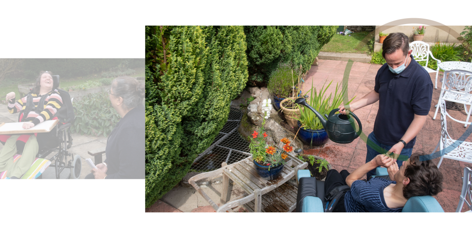People on the patio with tree, potted plants and white iron garden furniture