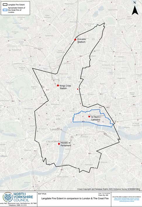 A map showing the extent of the Fylingdale and Langdale fire as being much greater than the fire of London