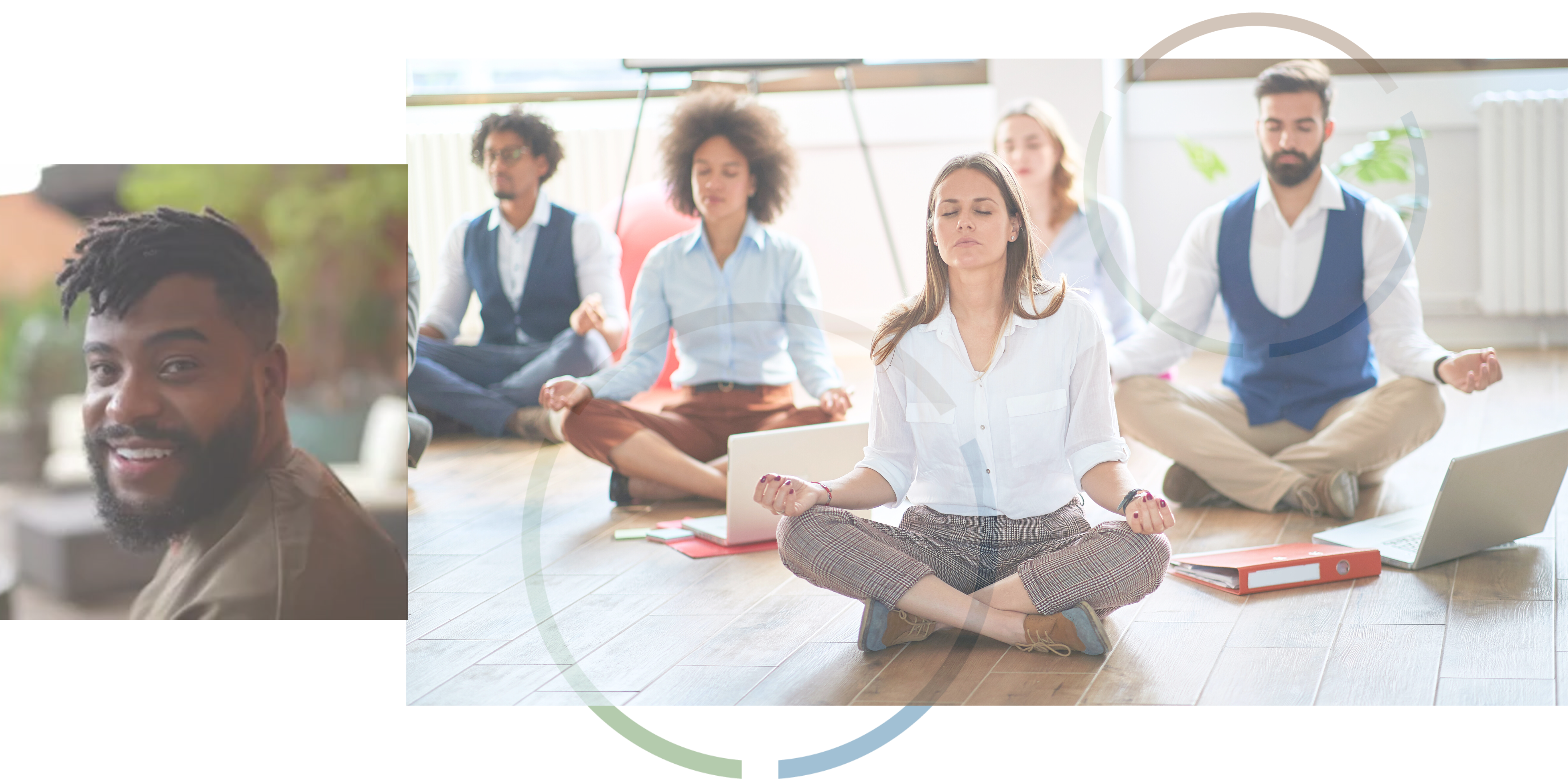 Office workers meditating by their laptops. 
