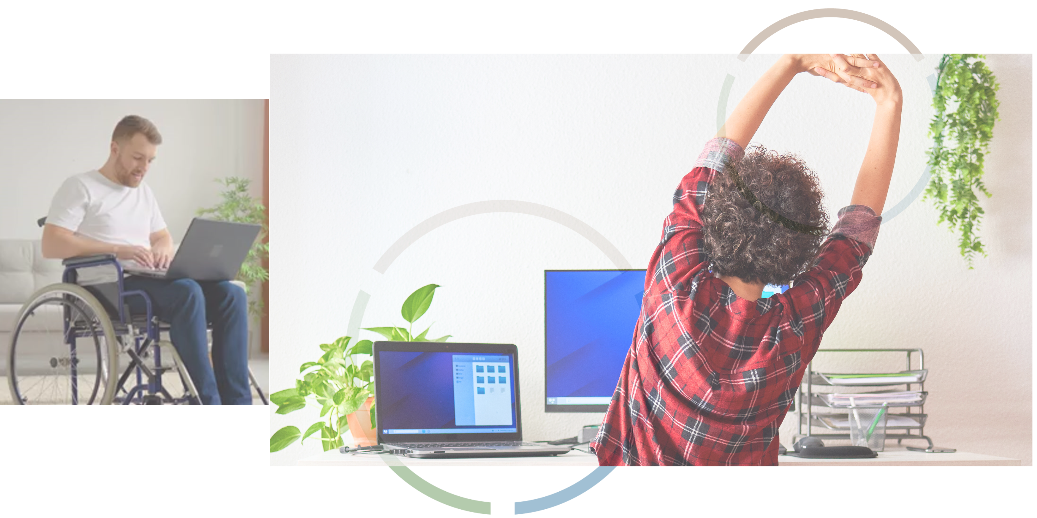 A man in a wheelchair works on his laptop while another person stretches their limbs. 