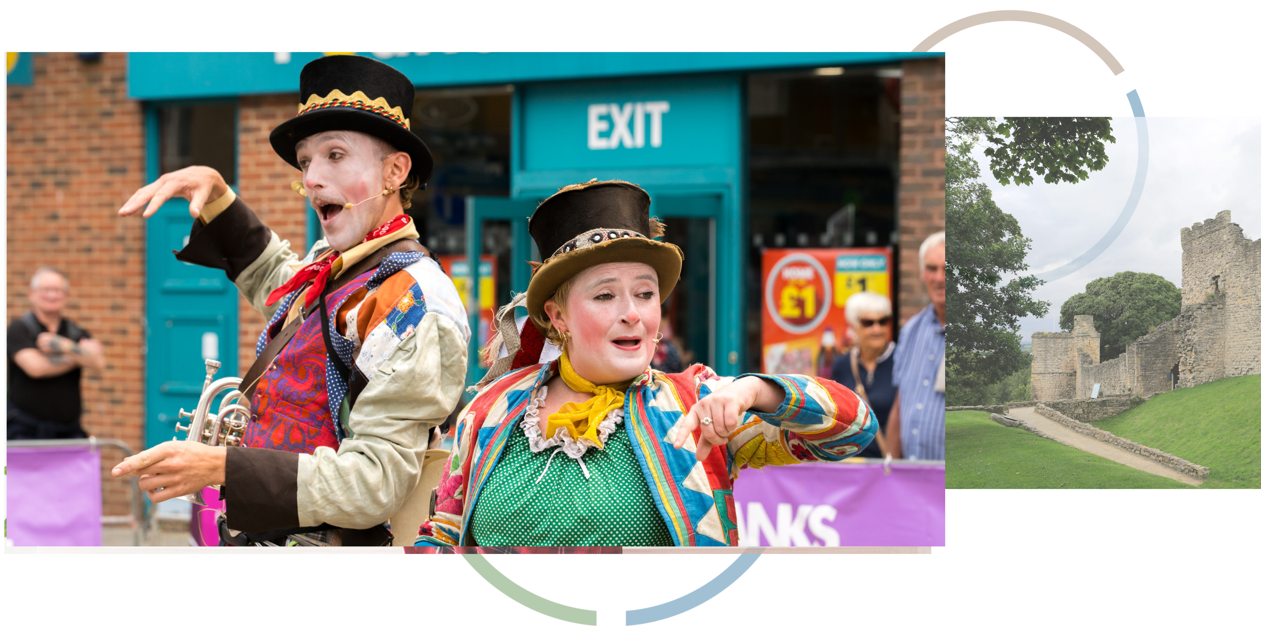 Entertainers in make up and costume performing. 