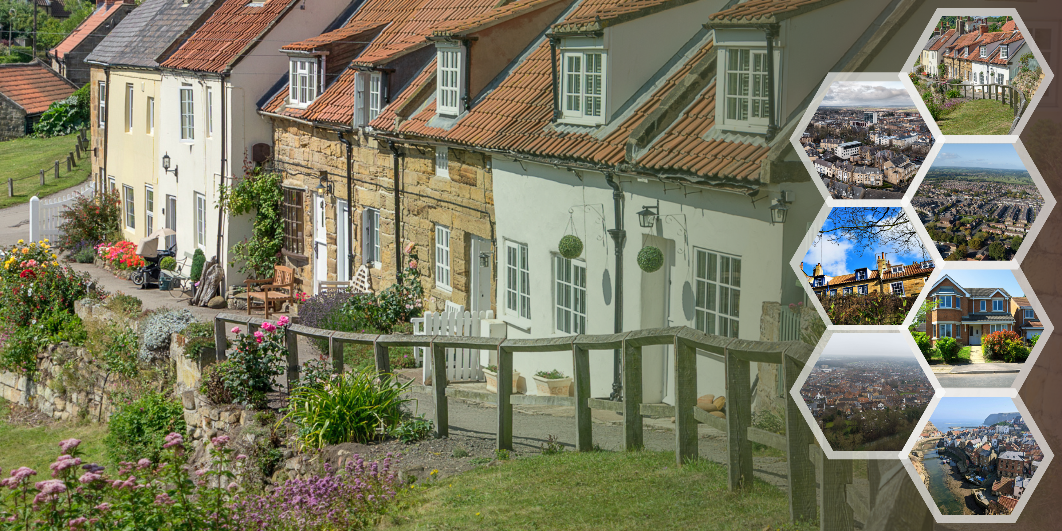 Row of terrace houses with colourful plants in front
