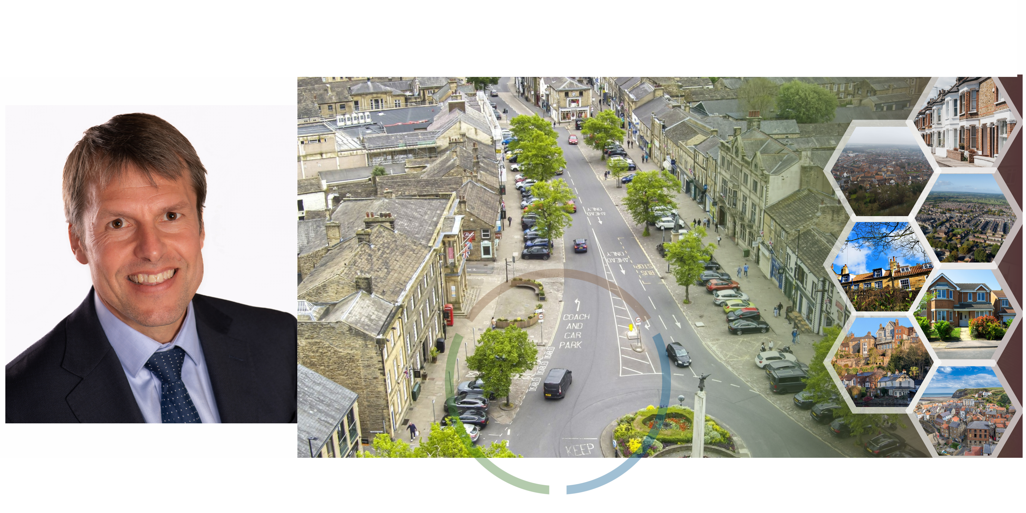 Portrait photo of Nic Harne and an aerial shot of housing and a road