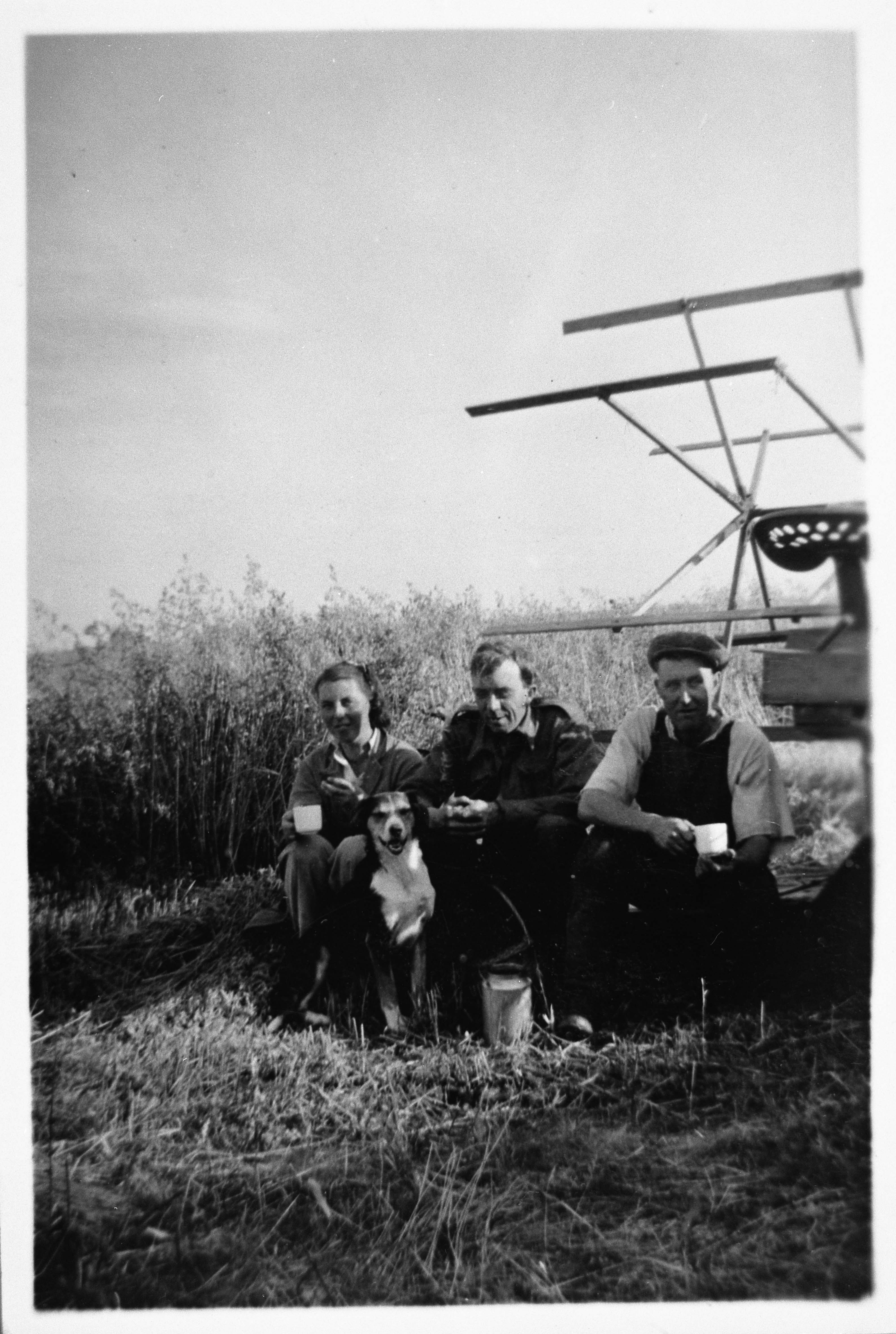 Miss Langley with a farm hand and P.O.W. having a tea break during harvest (circa1944). This image is part of the Ripon Re-Viewed collection created by Ripon Civic Society and supported by the National Lottery Heritage Fund (NLHF).