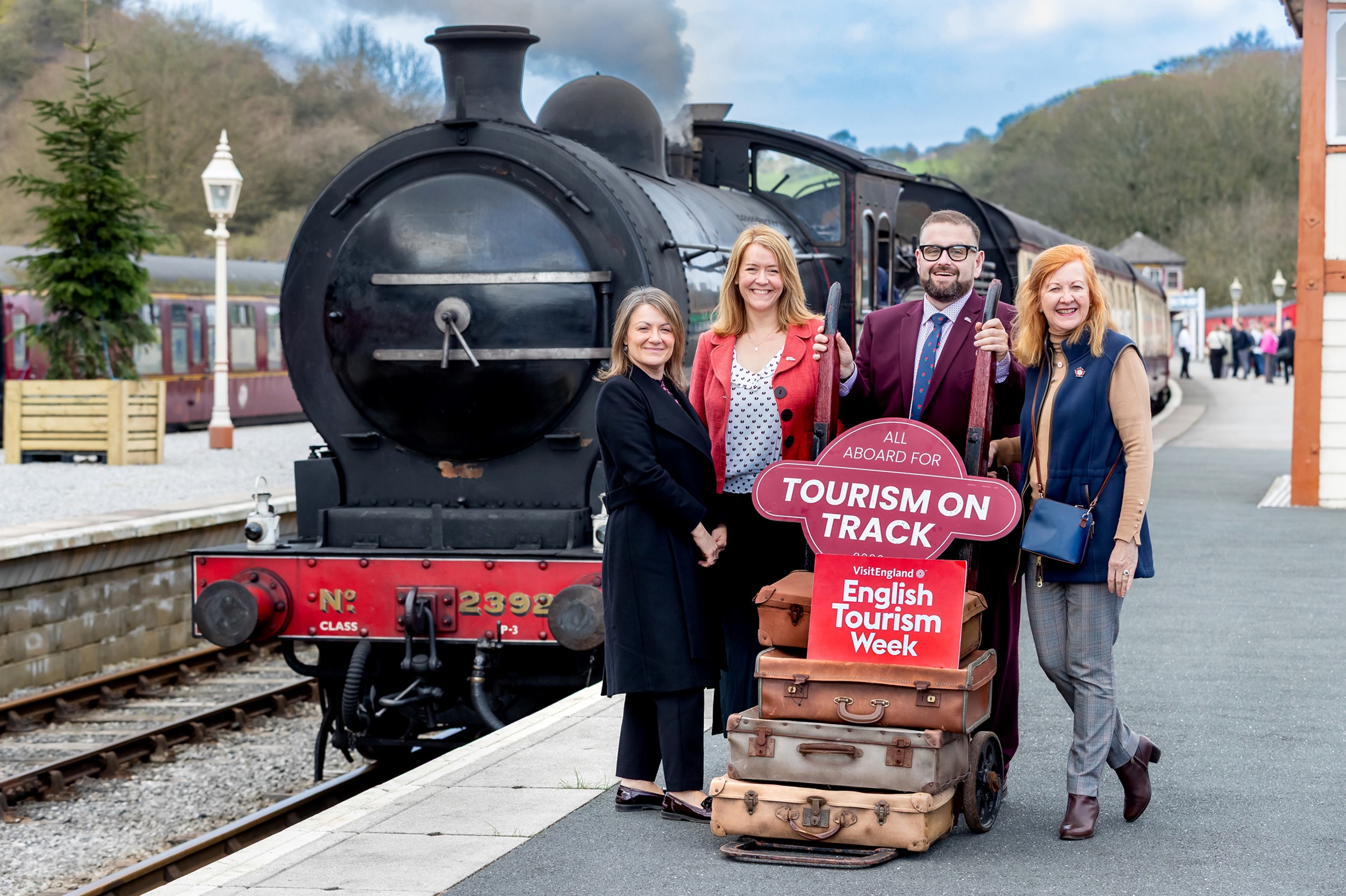From left to right, the deputy England director of VisitEngland, Lyndsay Turner-Swift, North Yorkshire Council’s assistant director for place shaping and growth, Kathryn Daly, the council’s head of economy and tourism, Tony Watson, and the chair of VisitEngland’s advisory board, Lady Victoria Borwick, at Bolton Abbey Station.