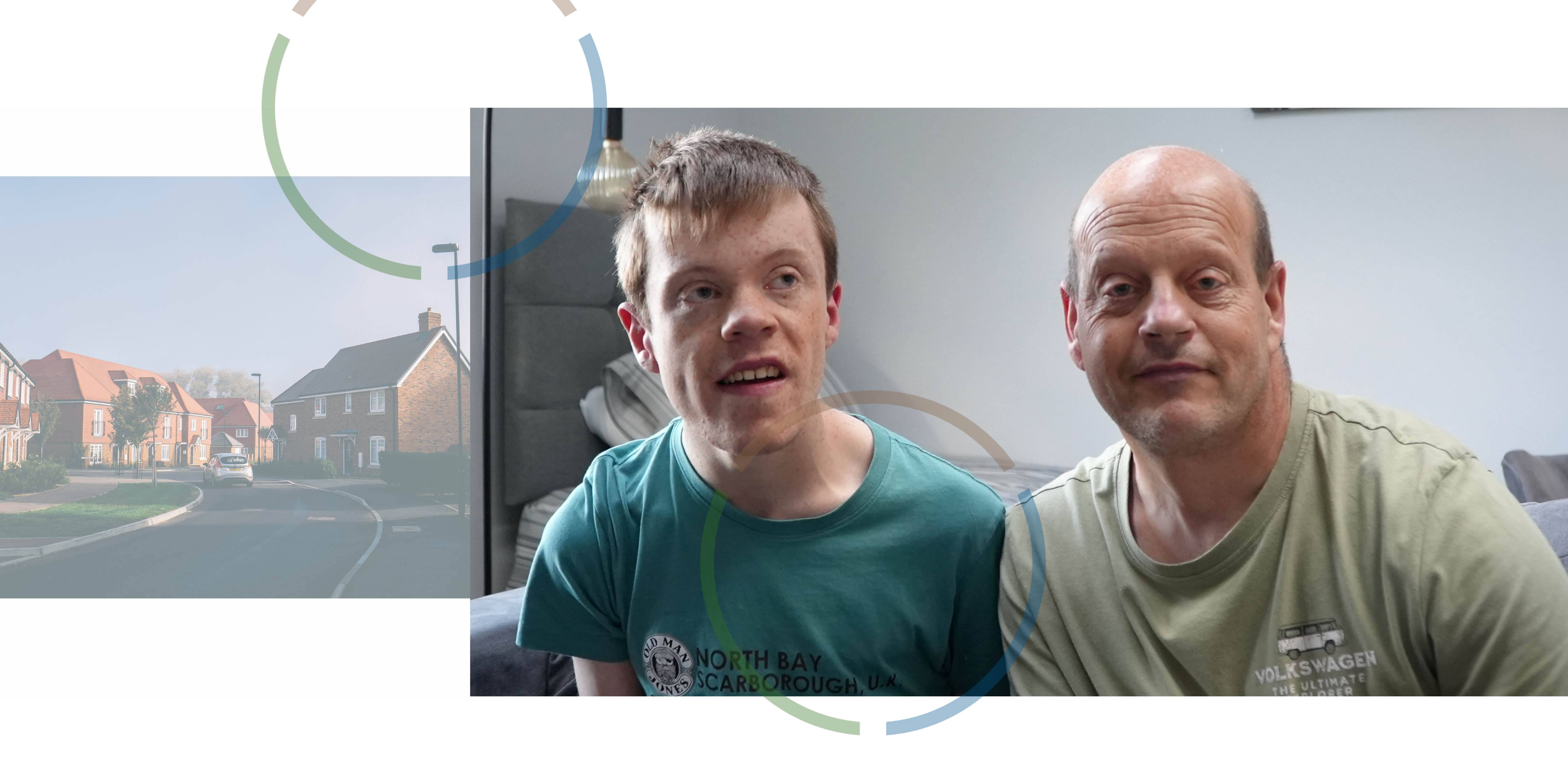 A housing development and a photo of two adults sitting looking at the camera