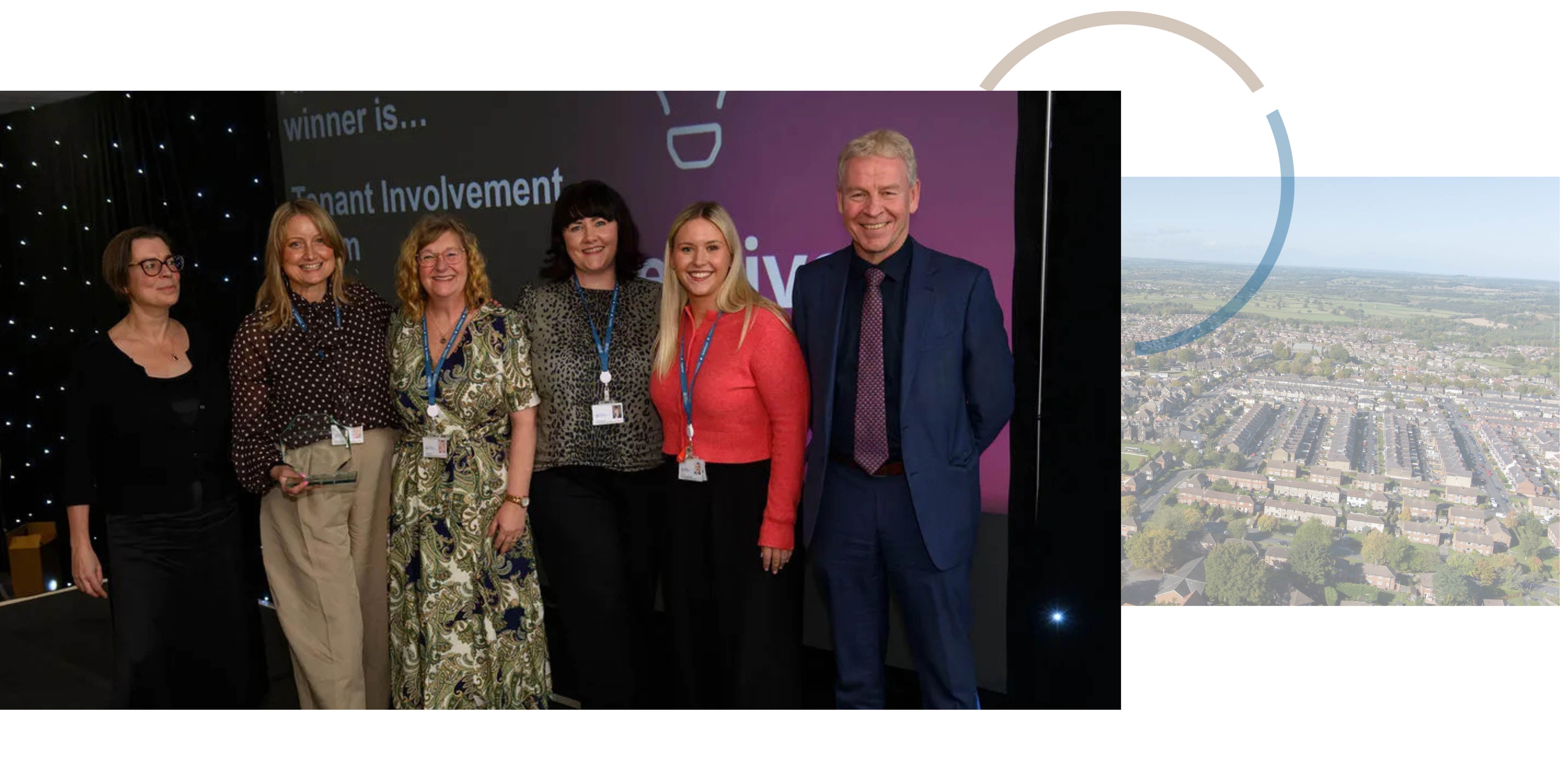 Photo of a group of adults standing smiling and an aerial shot of buildings