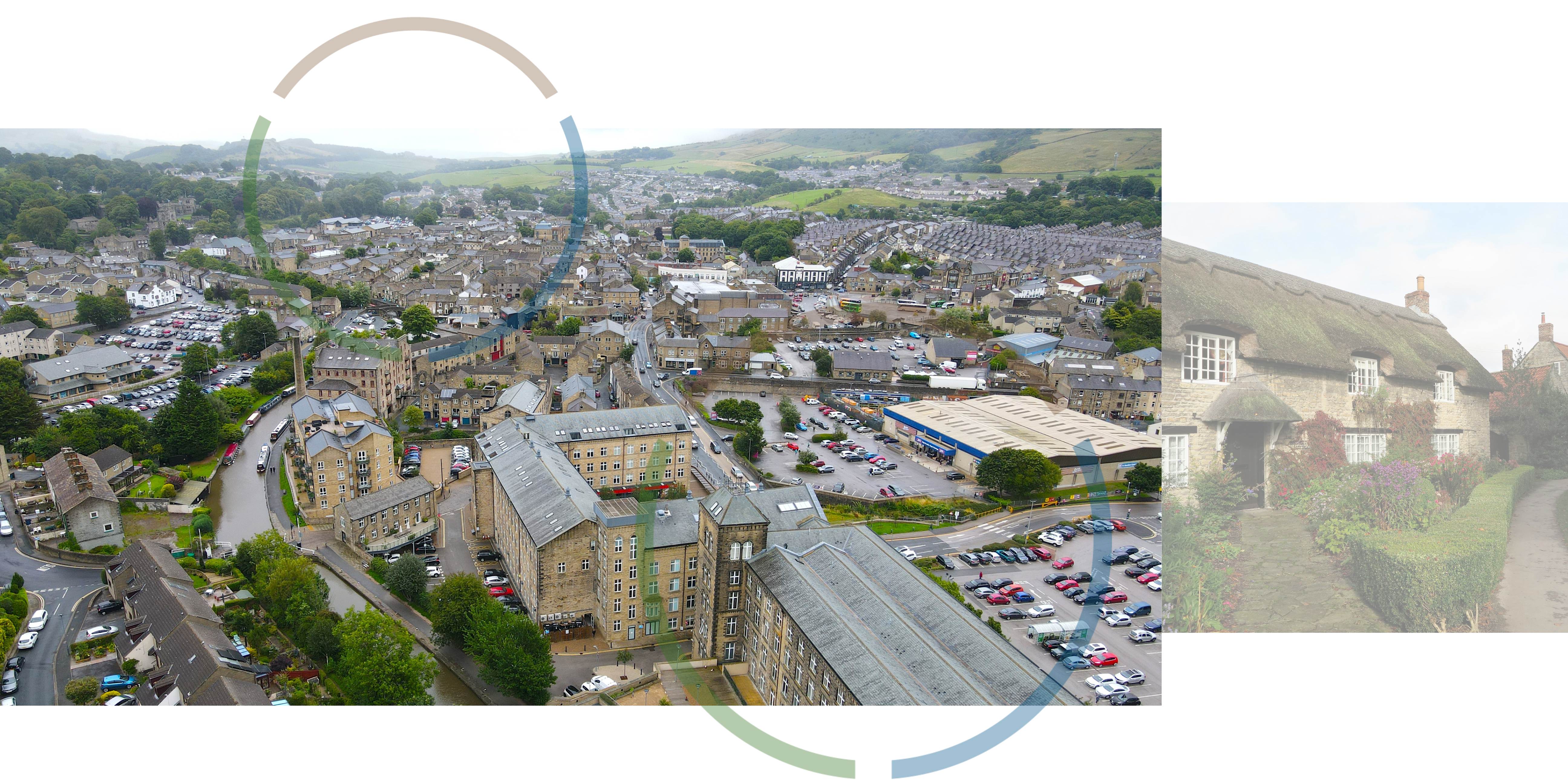 Two ariel photos of housing and buildings
