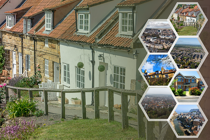 Row of houses with a collage of scenes down the right hand side
