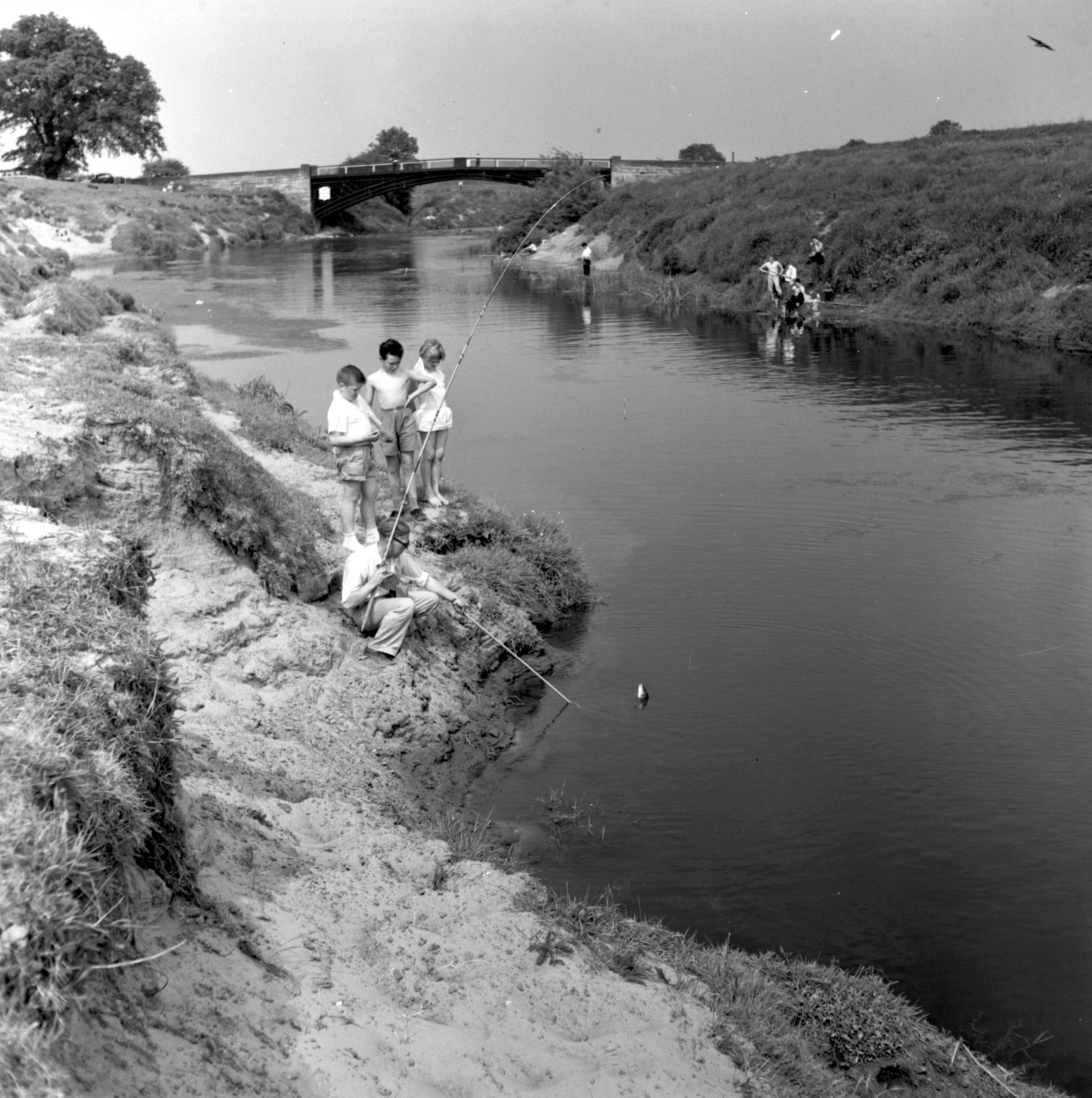 Black and white photo of children watching as a man lands a fish near Thornton Bridge on the River Swale during the 20th century. From the Bertram Unné photographic collection.