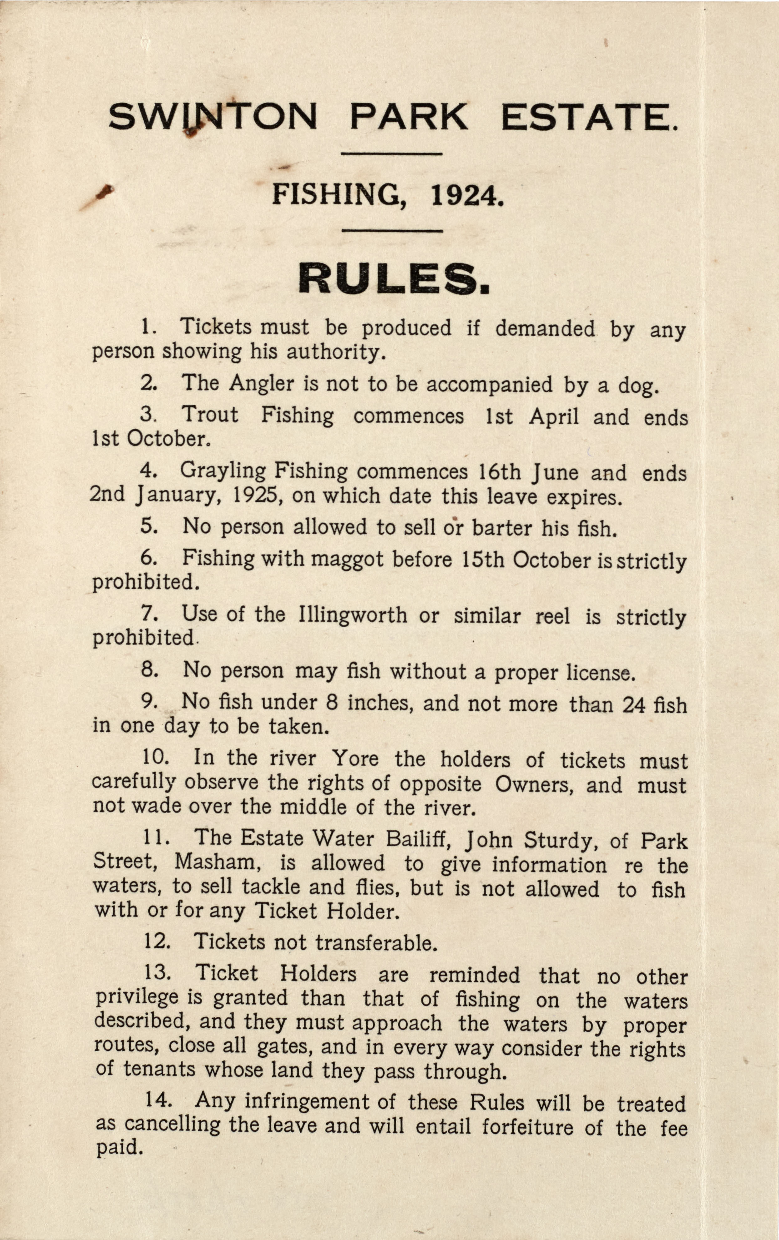 Swinton Park Estate fishing rules from 1924. From the Jervaulx Abbey estate archive. 