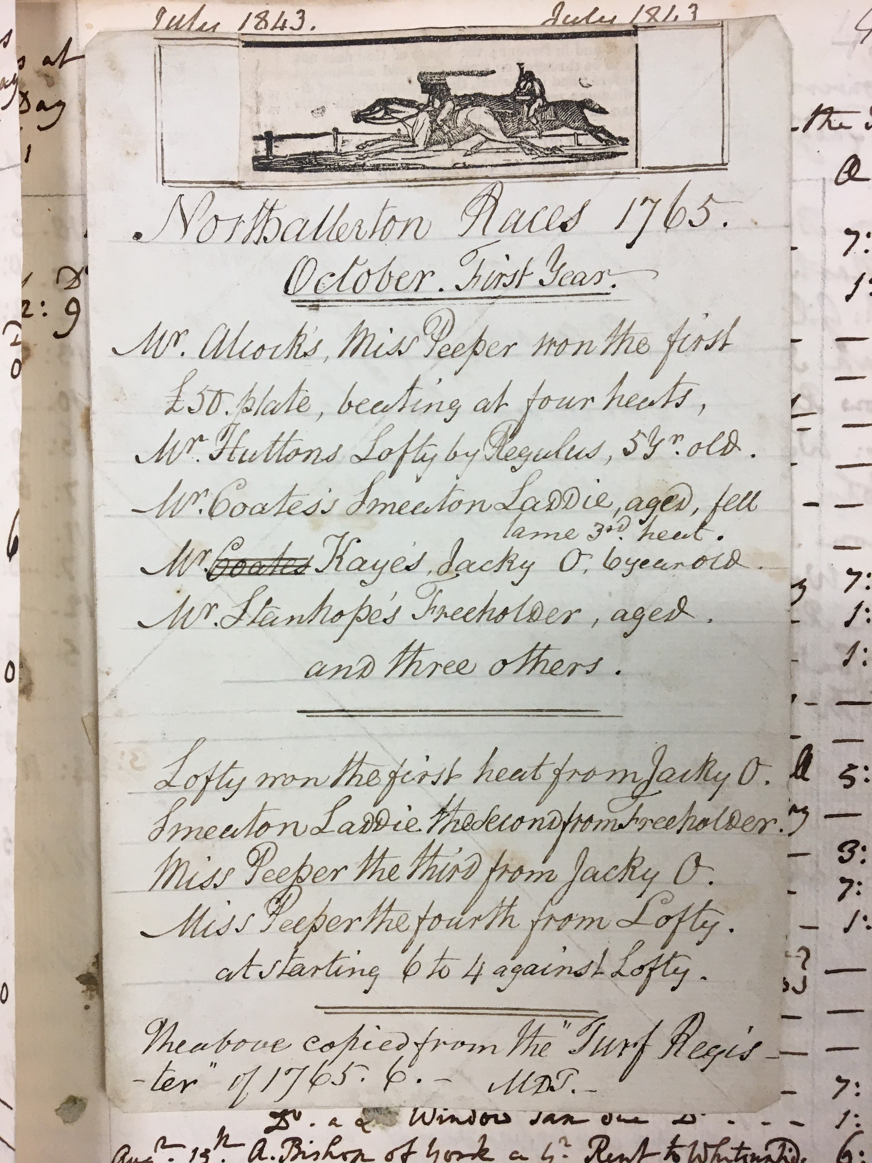 List of races and results at Northallerton, 1765. Pasted in a volume containing rentals of Frankland estates.