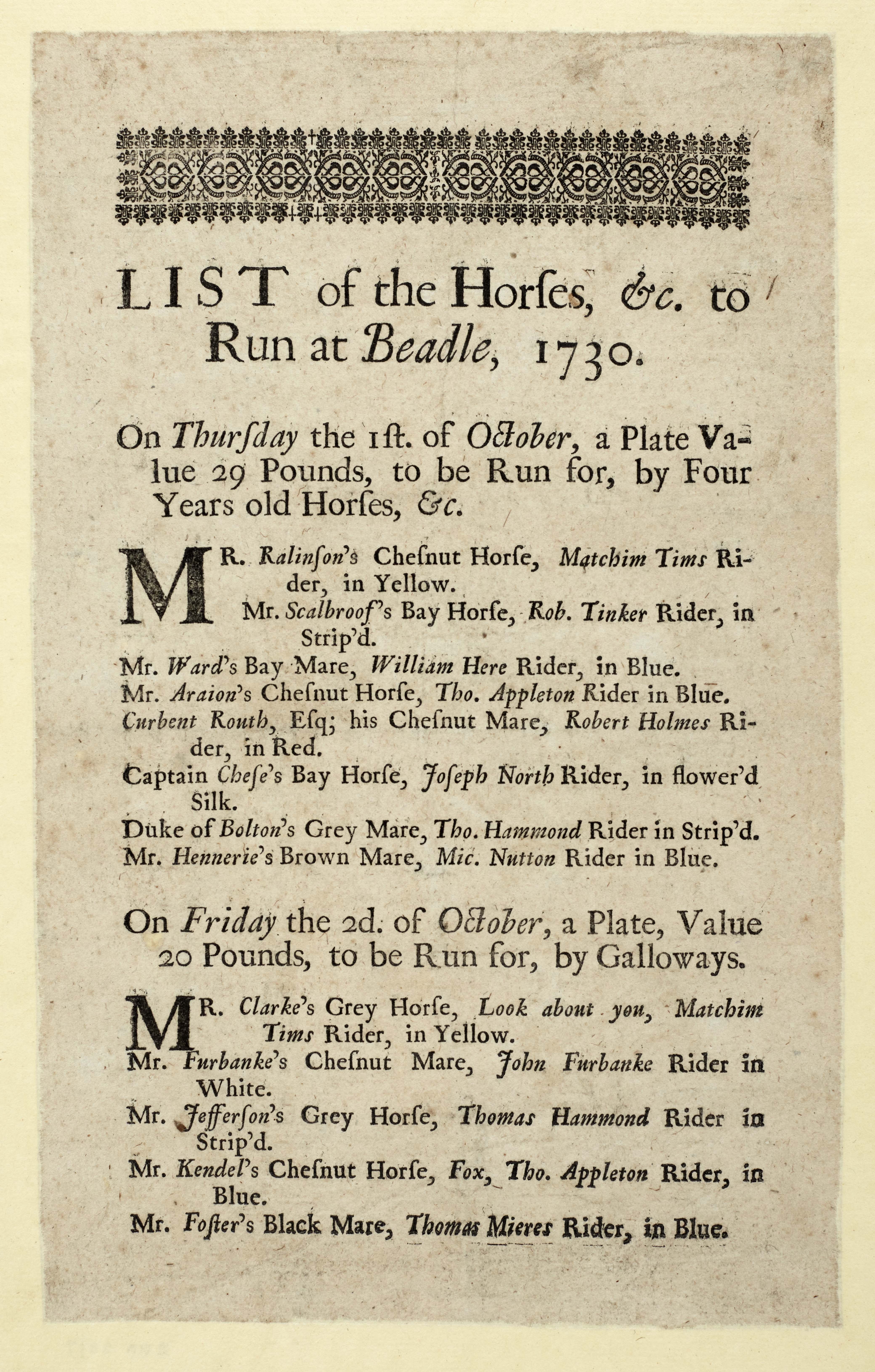 List of horses to run at Bedale, 1730. From the Beresford-Peirse archive.