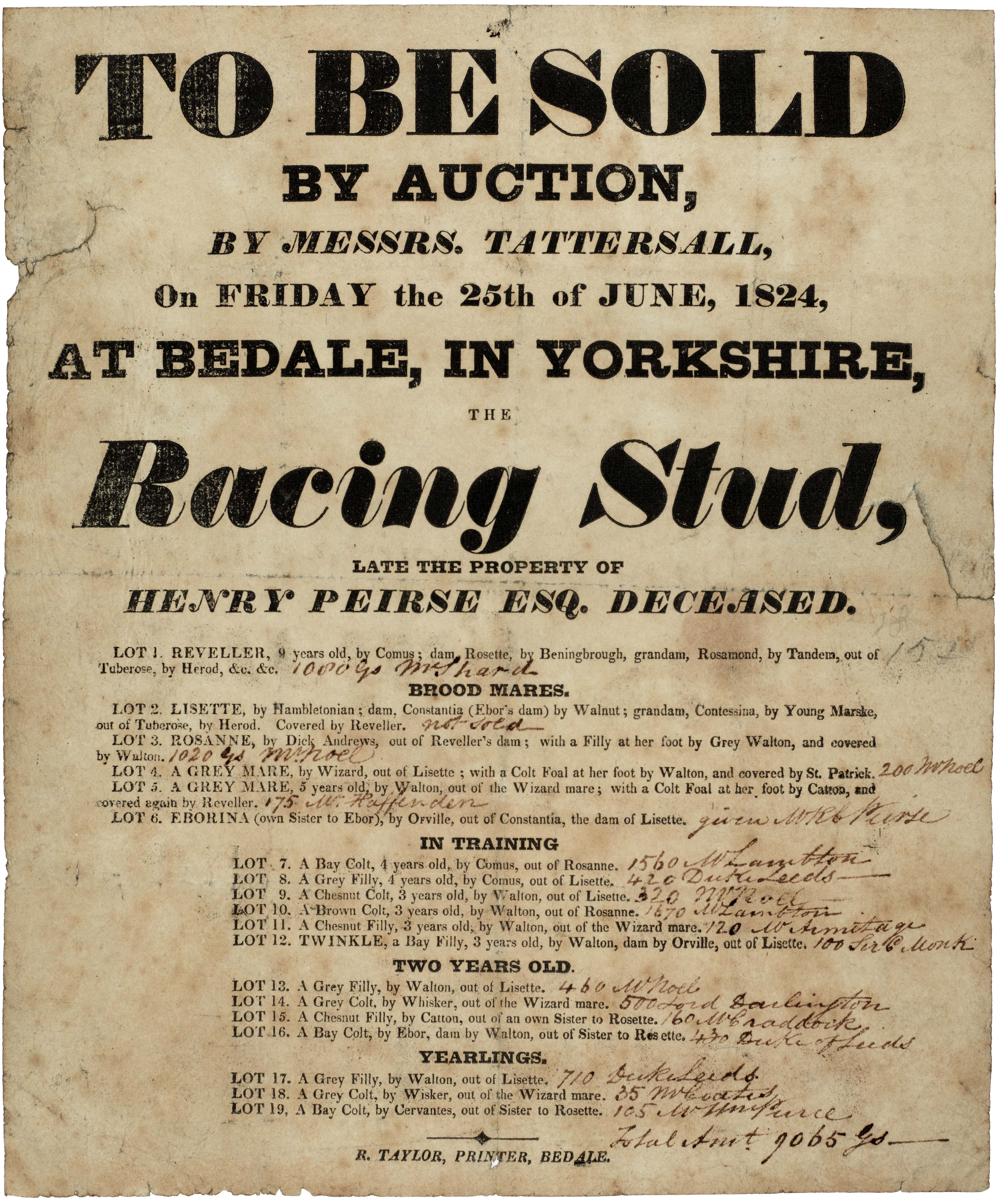 Handbill advertising sale by auction at Bedale of racing stud by Messrs. Tattersall, late the property of Henry Peirse Esquire, 1824. From the Beresford-Peirse archive.