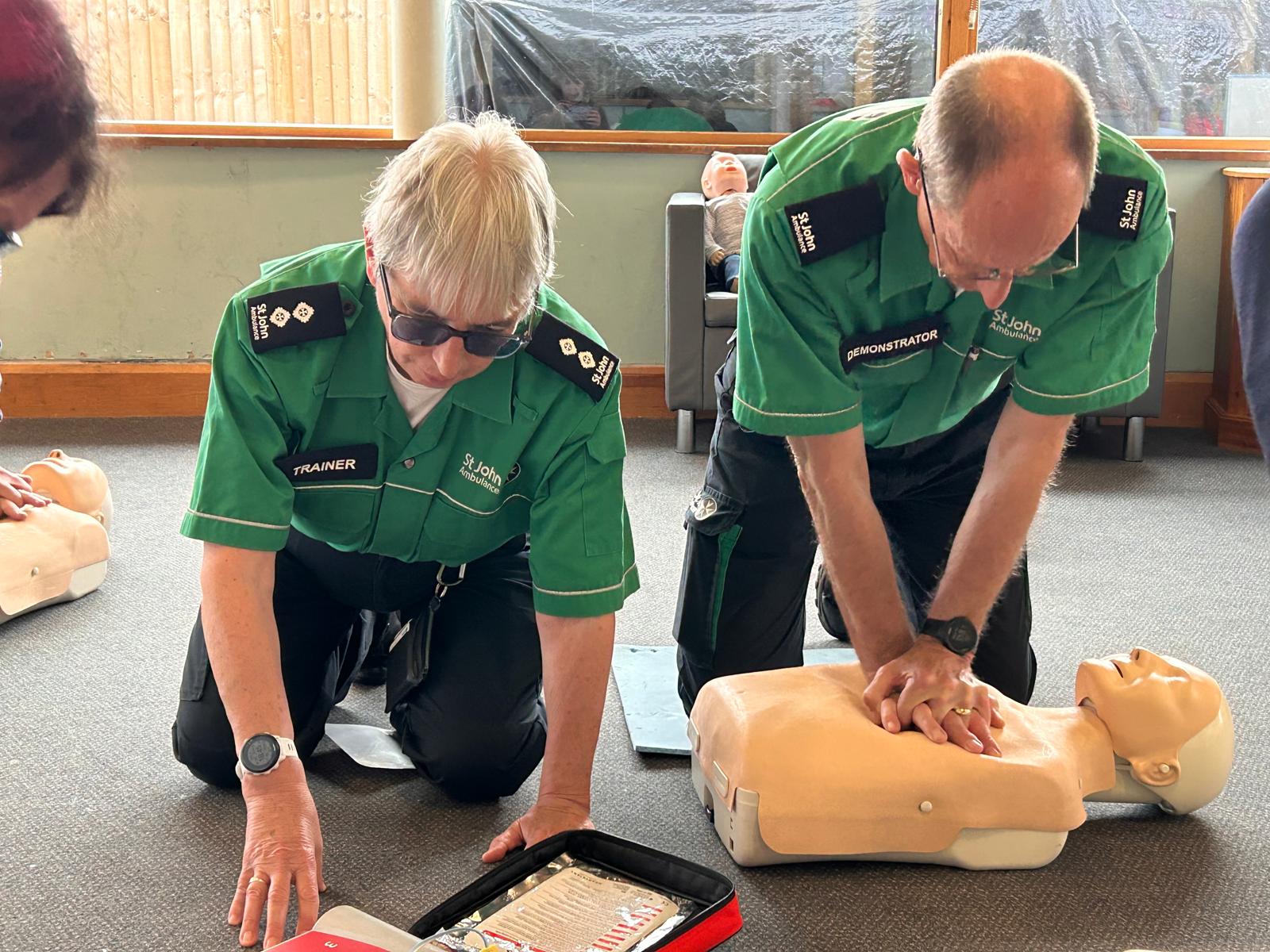 Amanda and Adrian Whitwood demonstrate first aid on a dummy.
