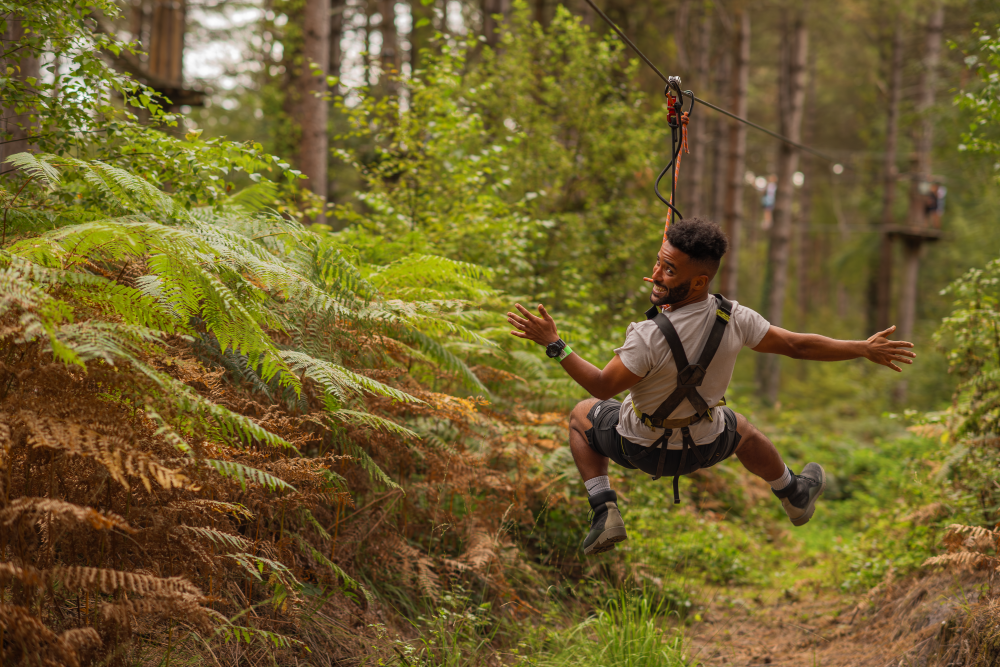 Adult wearing a harness on a zip wire through the forest