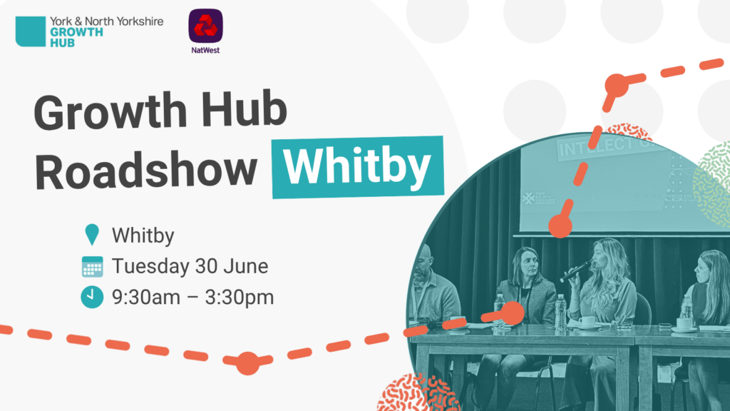 Roadshow banner showing logos, event details and a photo of people sitting at a table with one speaking into a microphone