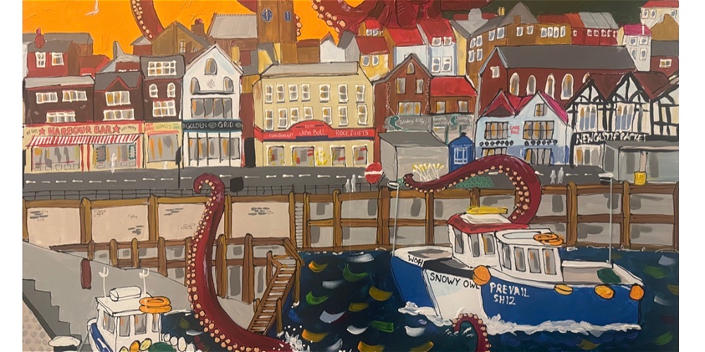 Artwork of Tentacles of Terror which shows an octopus coming out of the sea heading for the road