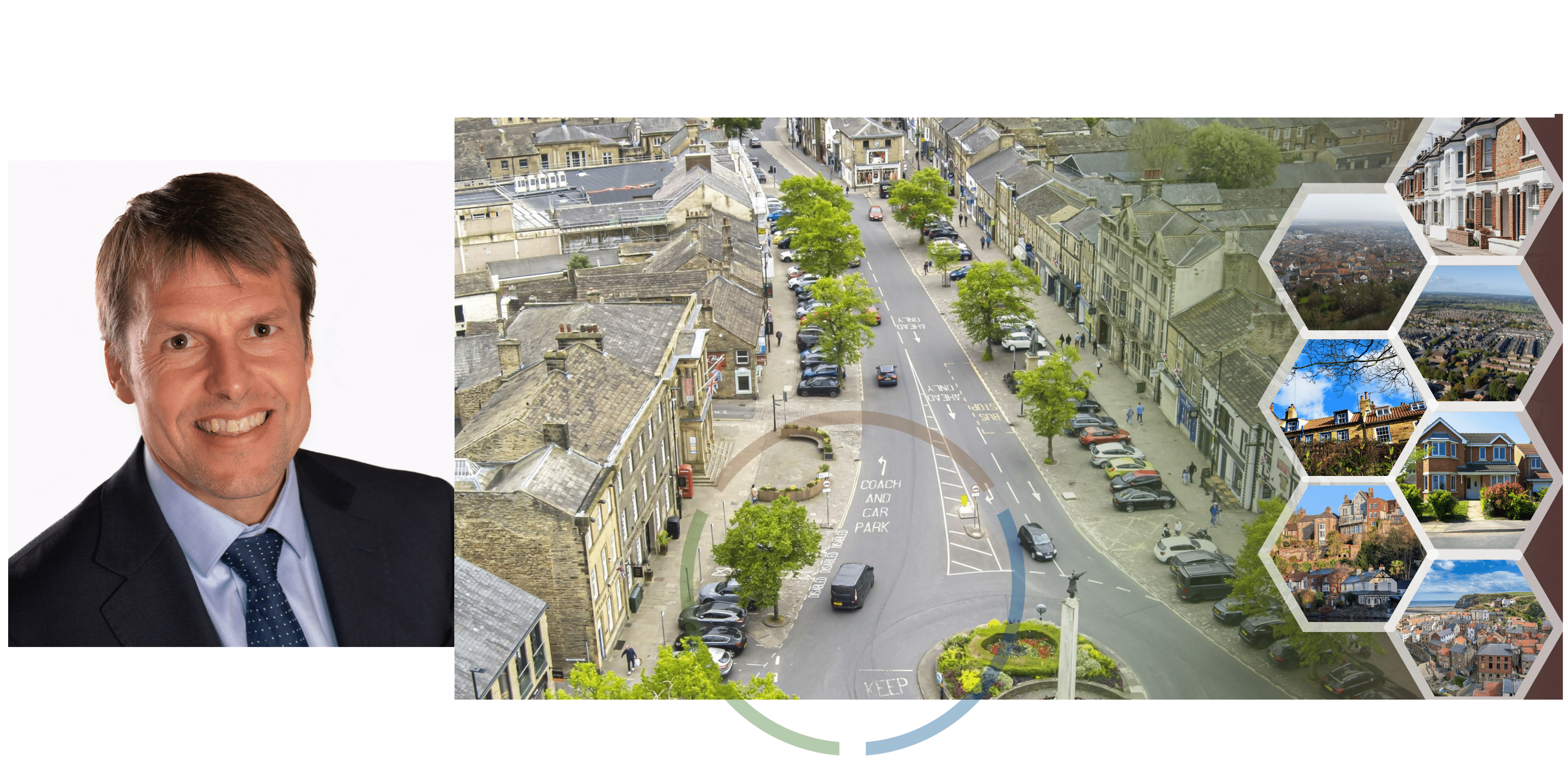 Portrait photo of Nic Harne and an aerial shot of housing and a road