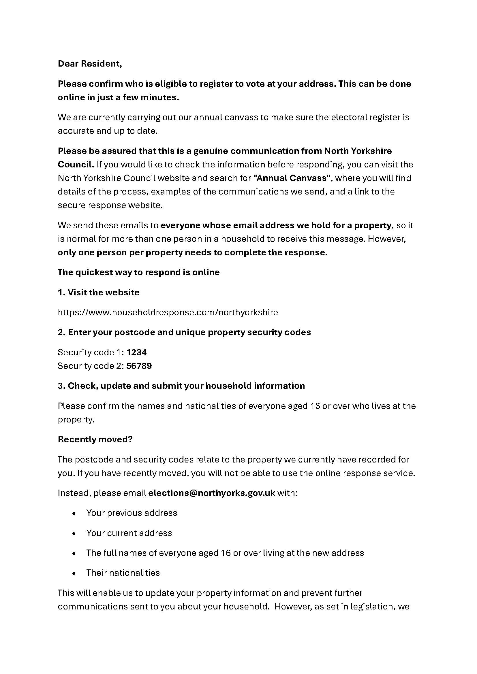 Example of annual canvass email