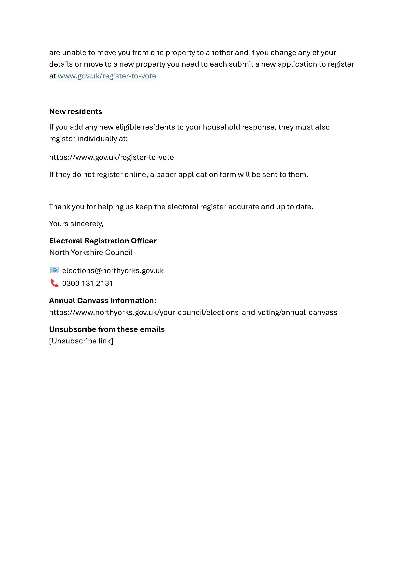 Example of annual canvass email