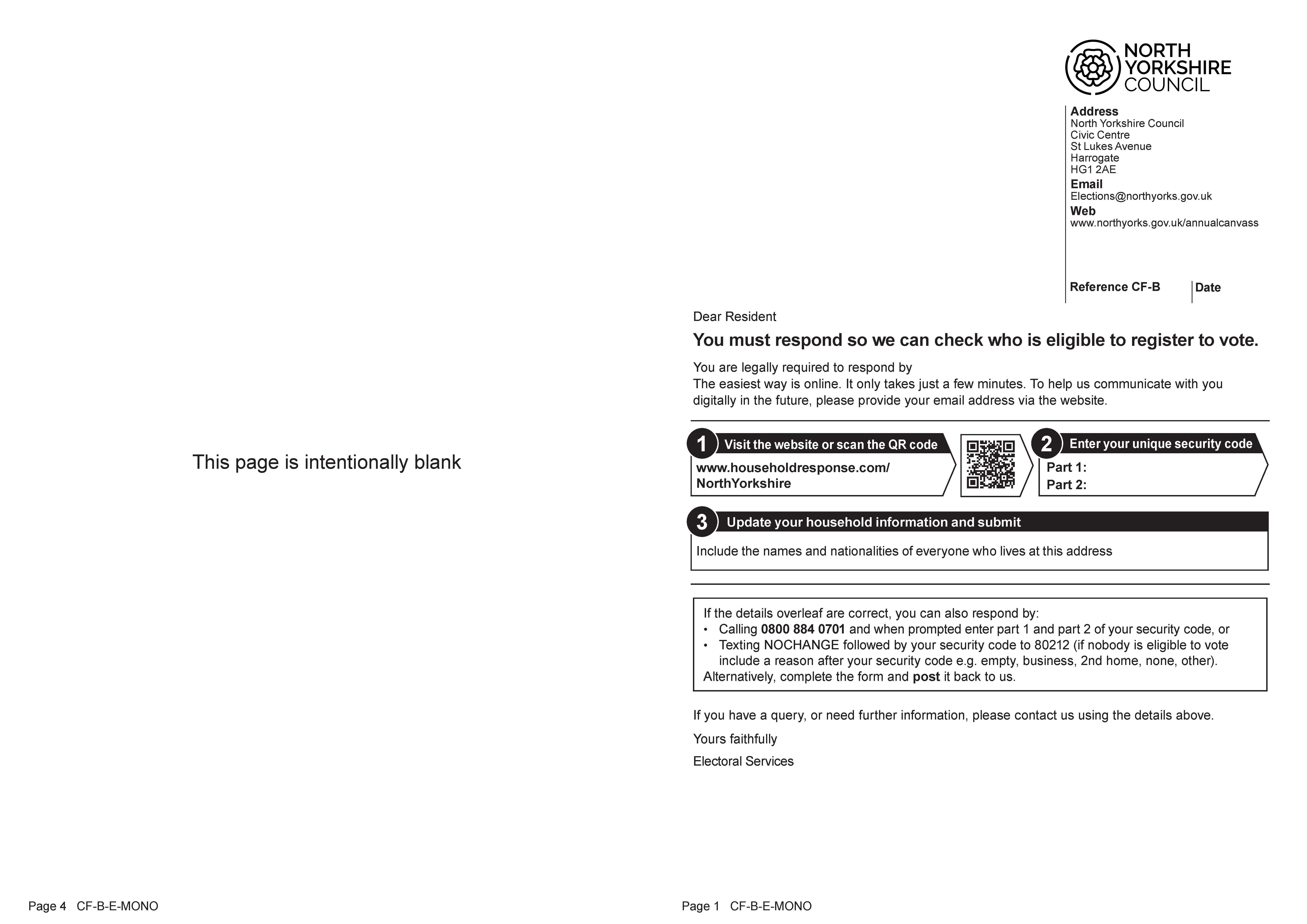 Example of You must respond so we can check who is eligible to register to vote letter