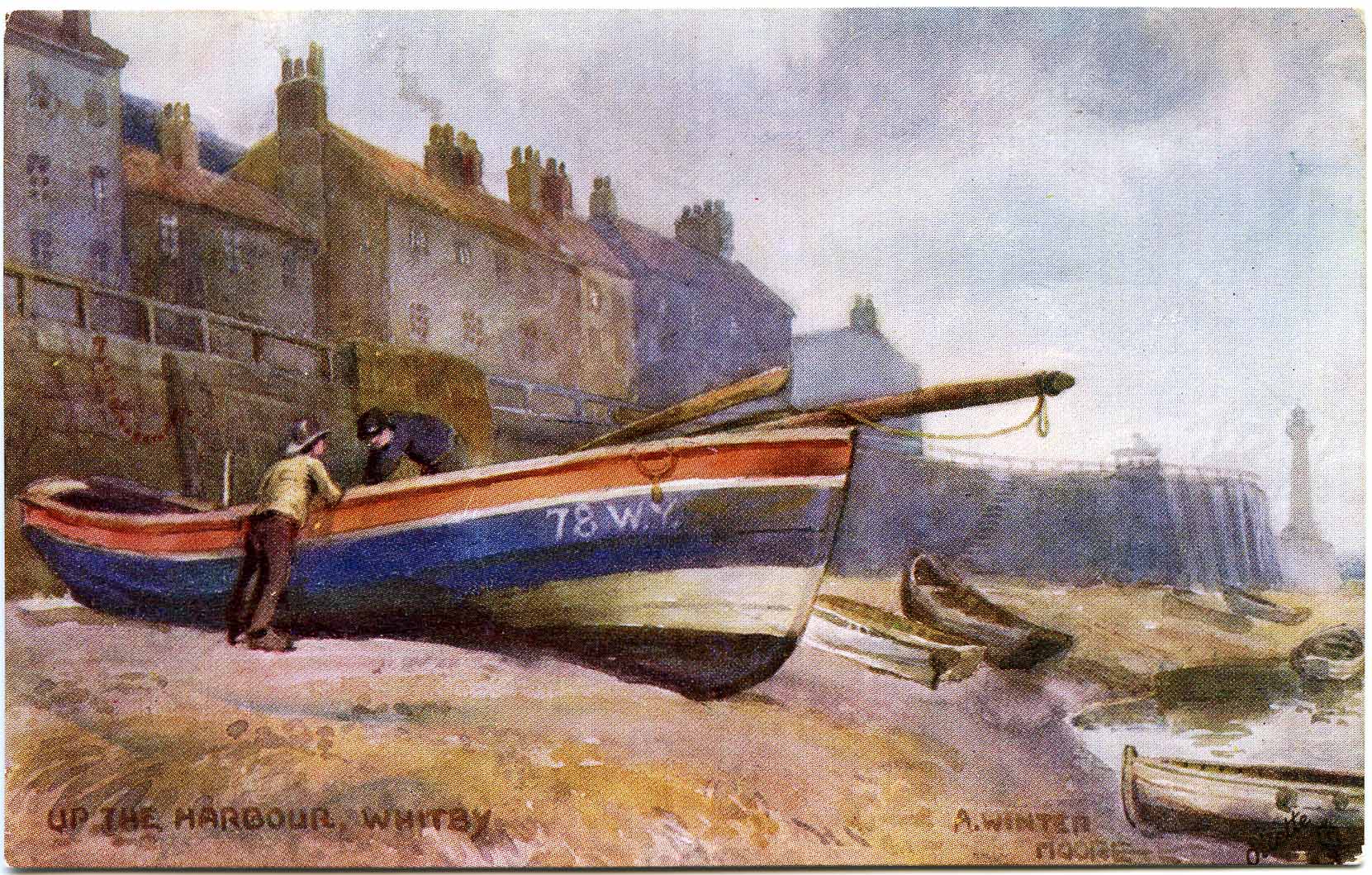 A postcard called Up the Harbour at Whitby by A. Winter Moore. The postcard was published by Raphael Tuck & Sons circa 1908.