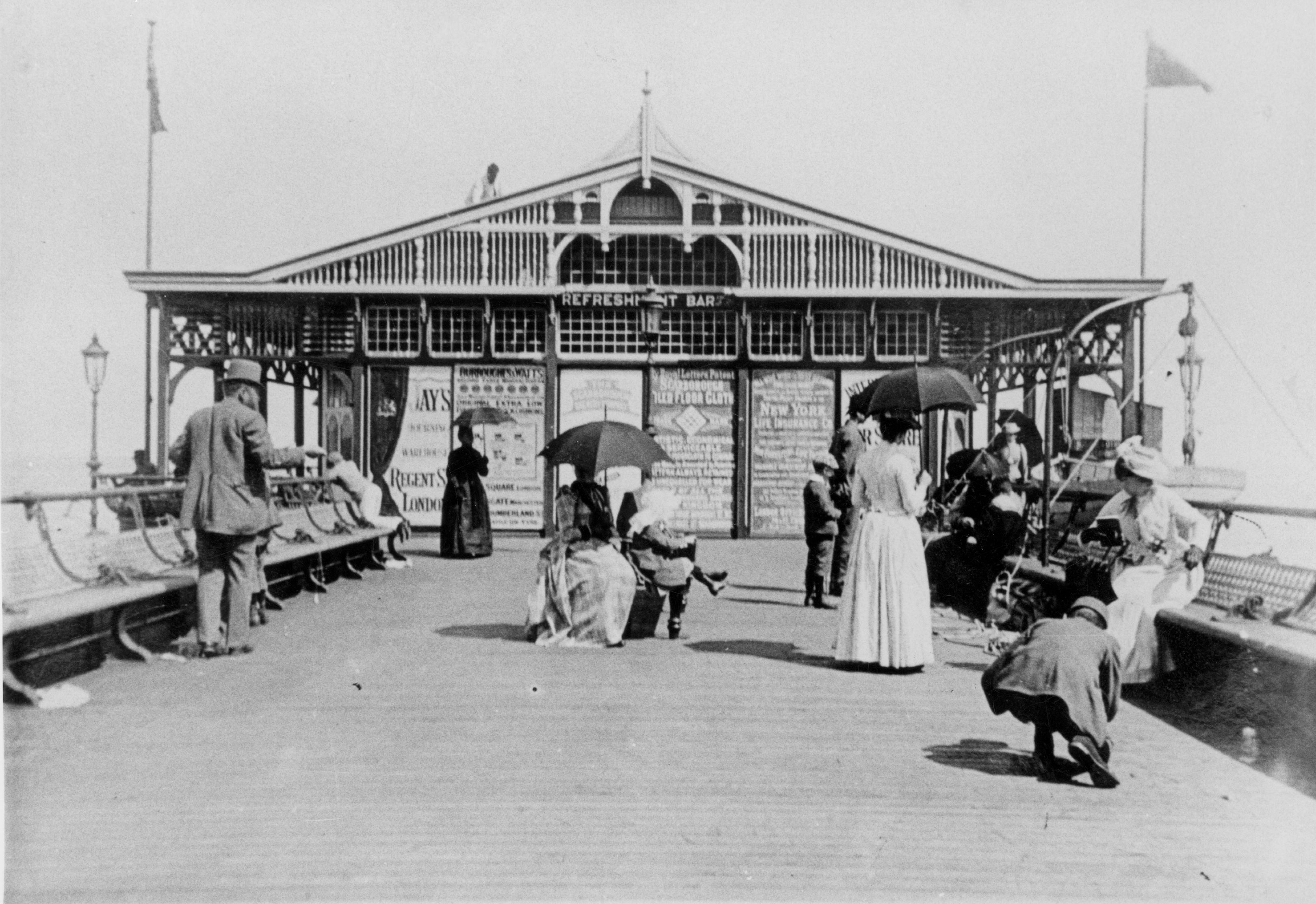 People are pictured wearing some of their finest outfits while on the North Promenade Pier in Scarborough. The picture is taken during the early 20th century