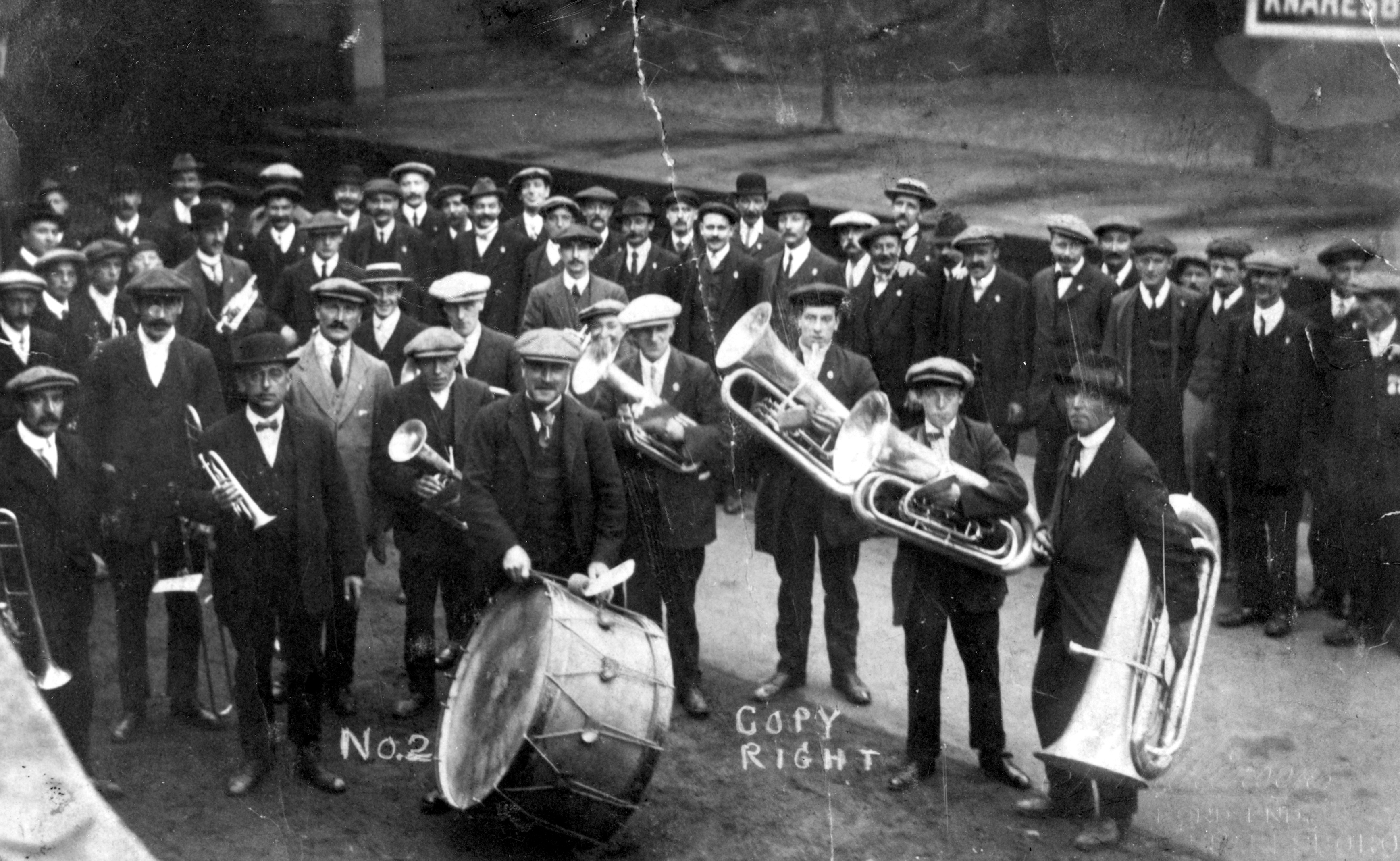 Members of Knaresborough Silver Band pose with volunteers of the National Reserve at the town’s railway station before they left for active service in 1914 during the First World War.