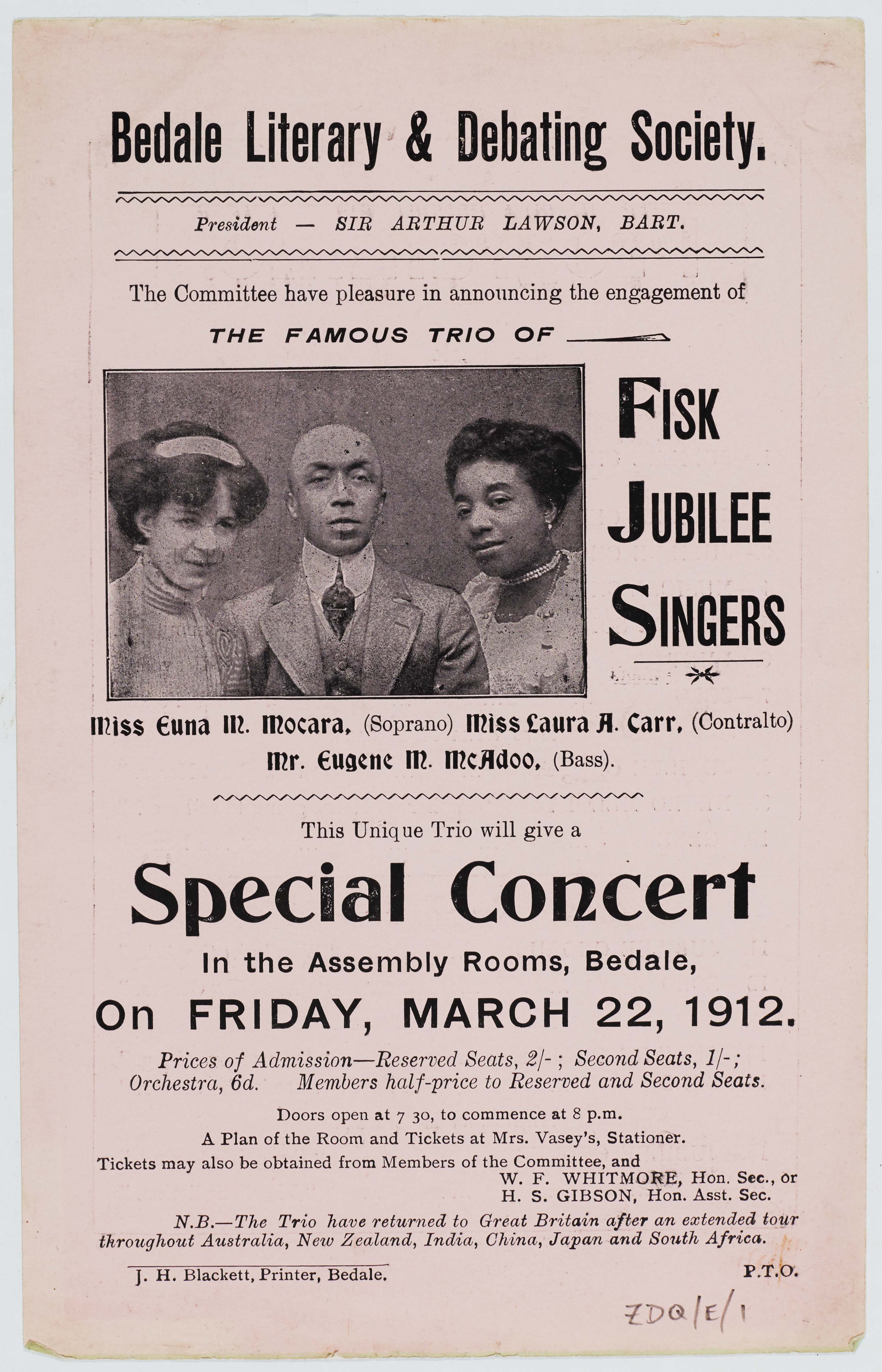 A flyer promoting a special concert of the world-famous Fisk Jubilee Singers at Bedale in 1912. The image is from records of the Bedale Literary and Debating Society.