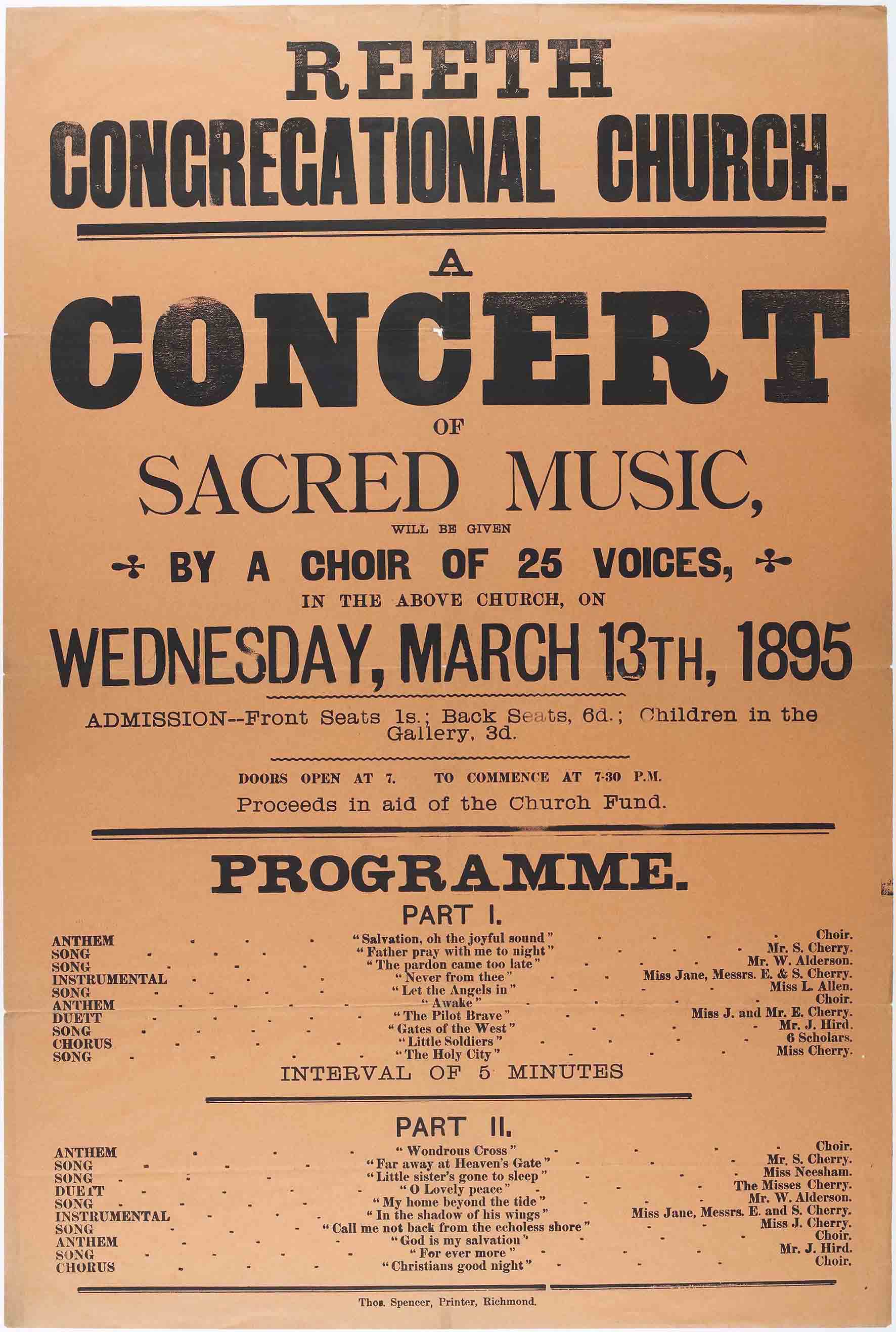 A poster advertising a concert of sacred music given by a 25-strong choir at Reeth Congregational Church in 1895. The image is from the Draycott Hall Manuscripts.