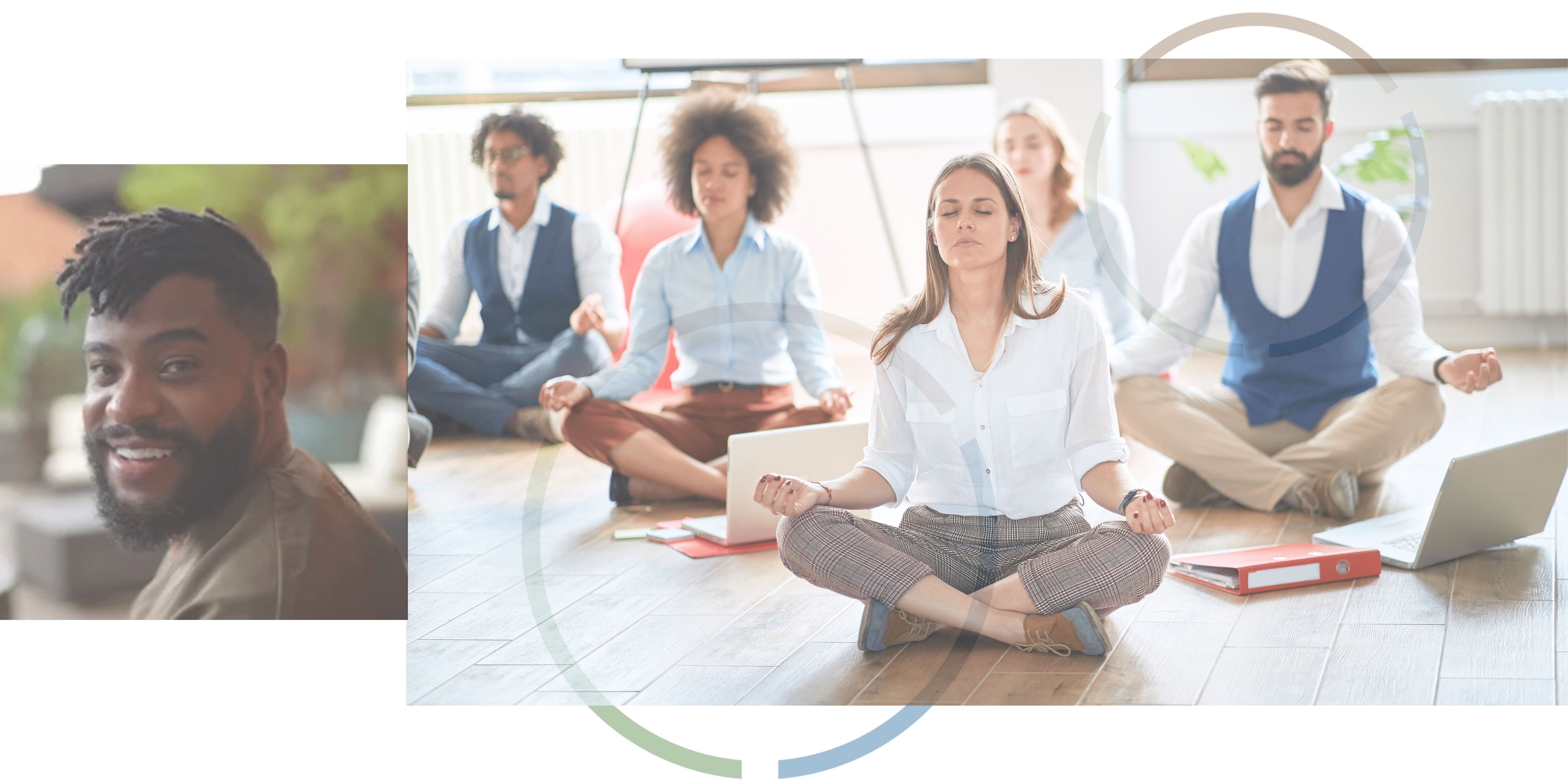 Office workers meditating by their laptops. 