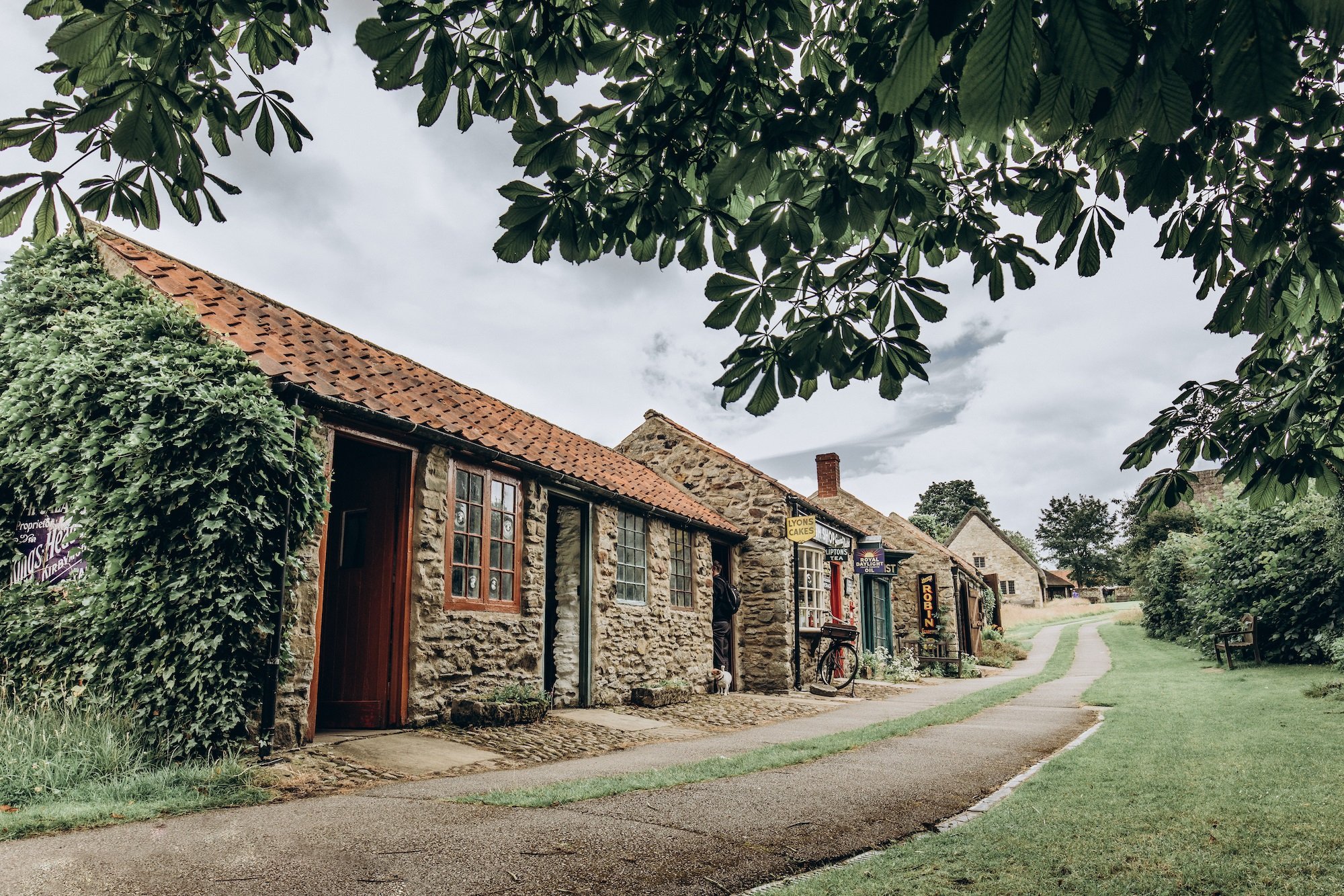 Ryedale folk museum outside view, a series of old cottage buildings in a row.