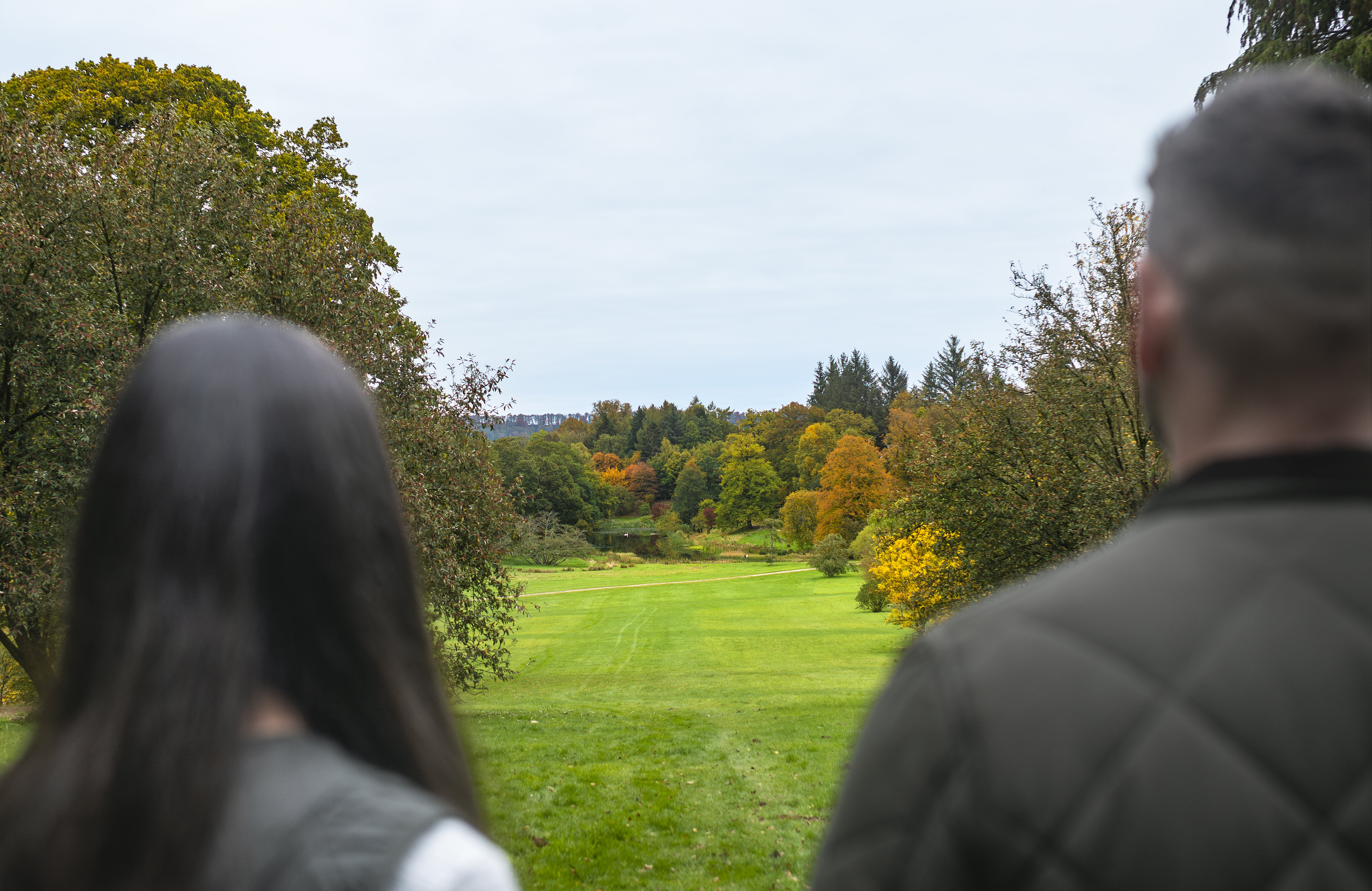 Two people overlooking a grassy landscape framed by trees