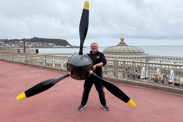 The artistic director of Animated Objects, Lee Threadgold, with the nose of the replica Mk1 Spitfire model which will take centre stage at Scarborough’s Armed Forces Day.